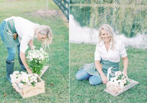 Charlotte NC florist adjusts flowers in basket at Morning Glory Farm