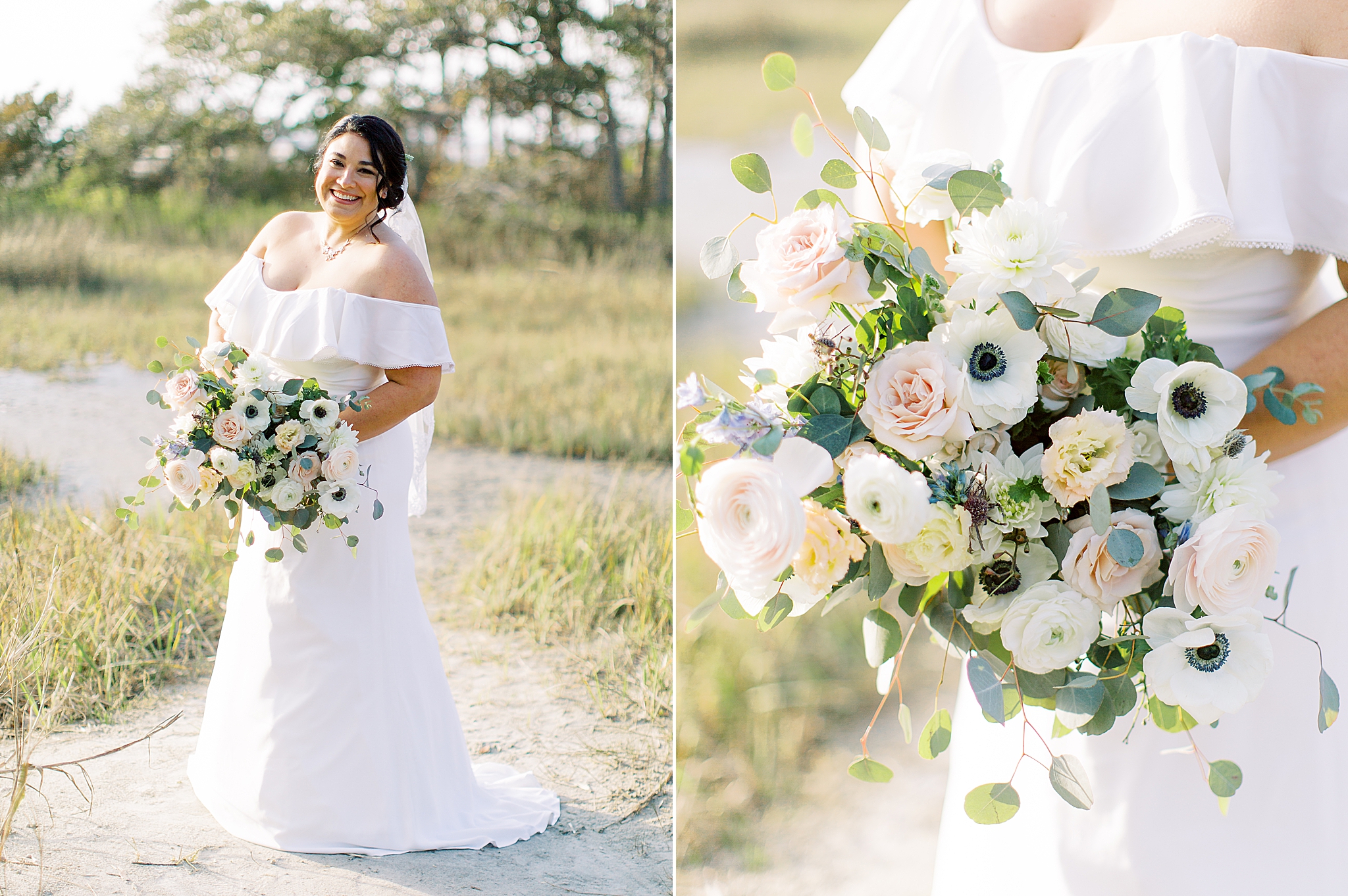 bridal portraits on the beach in the tall grass