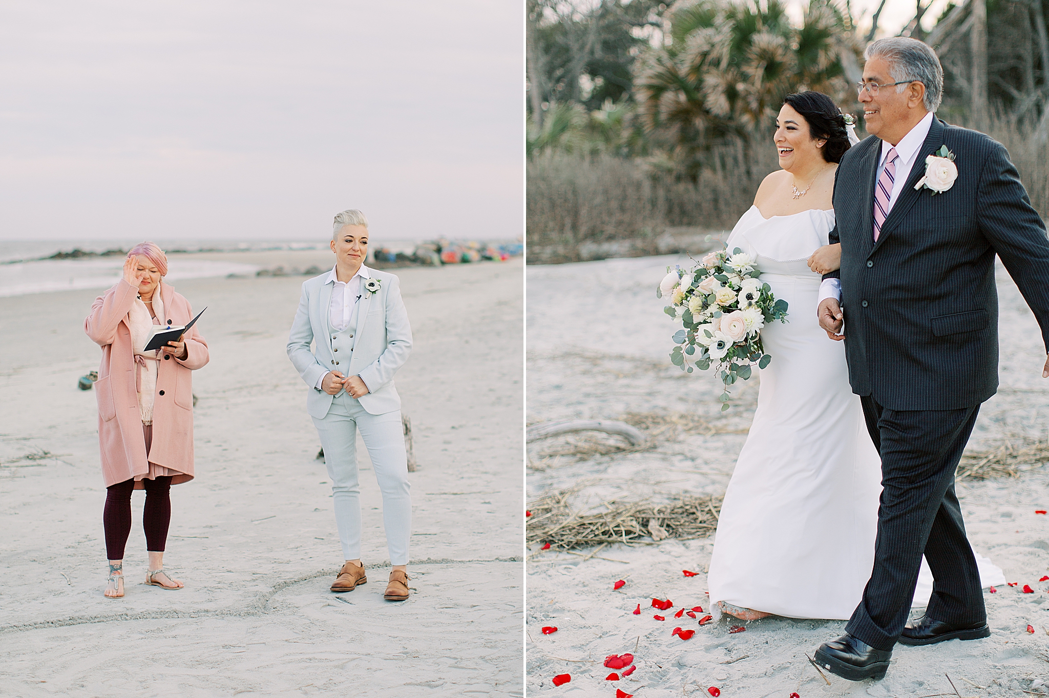 bride walks down aisle with father on the beach