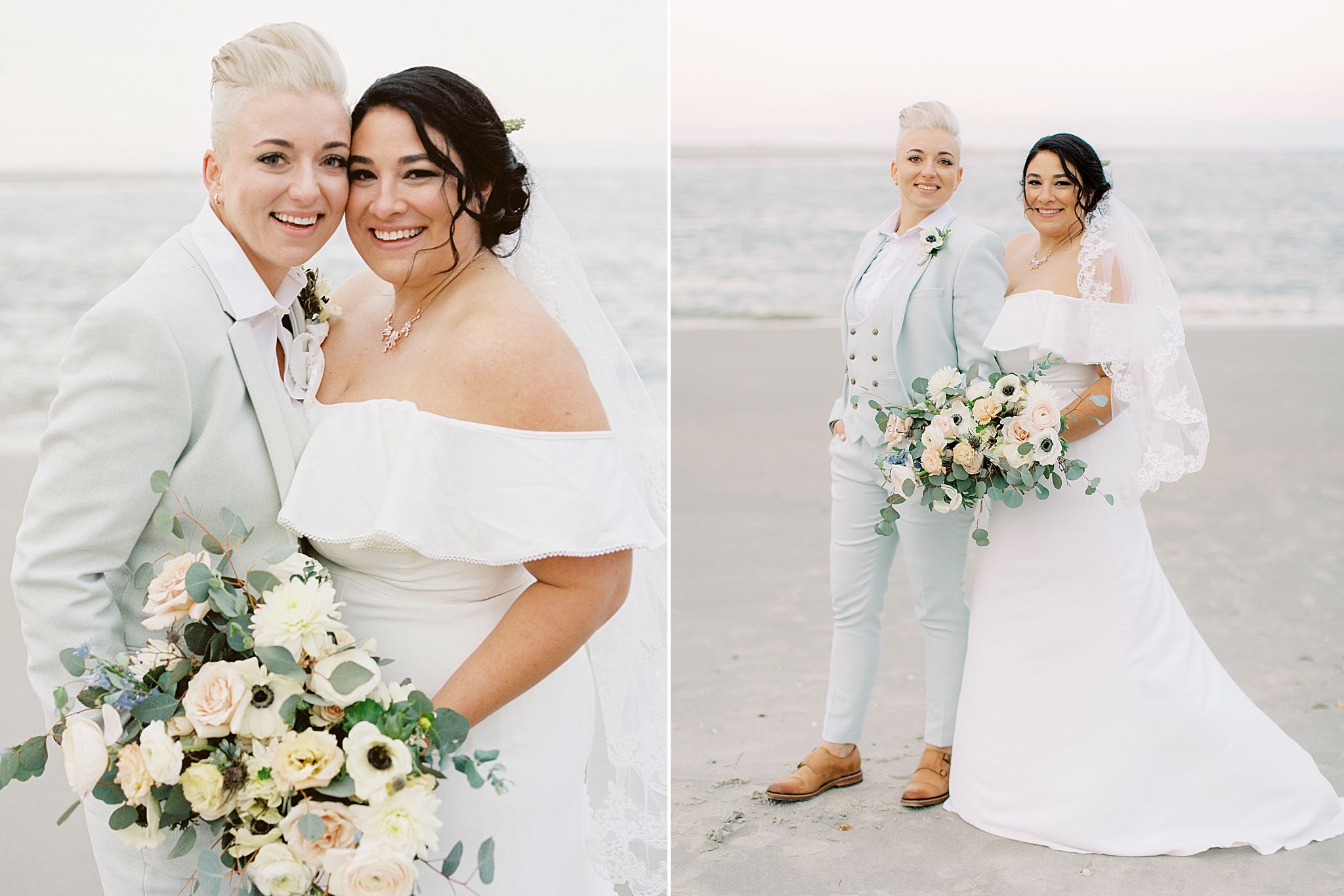 newlyweds pose together on Charleston beach