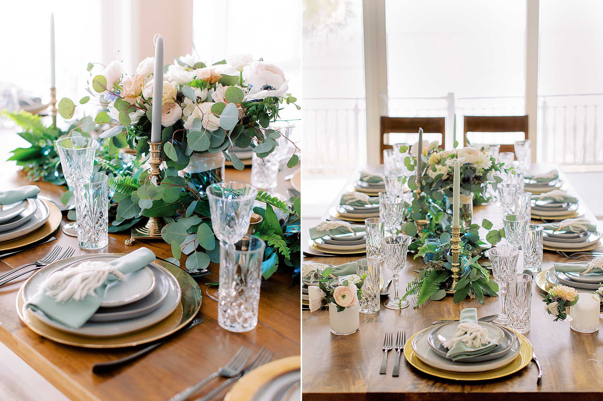wedding reception details with green, gold and blue details