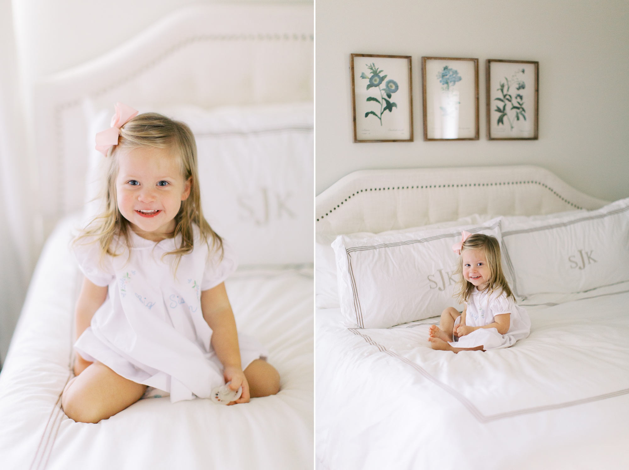 big sister plays on bed during lifestyle portraits