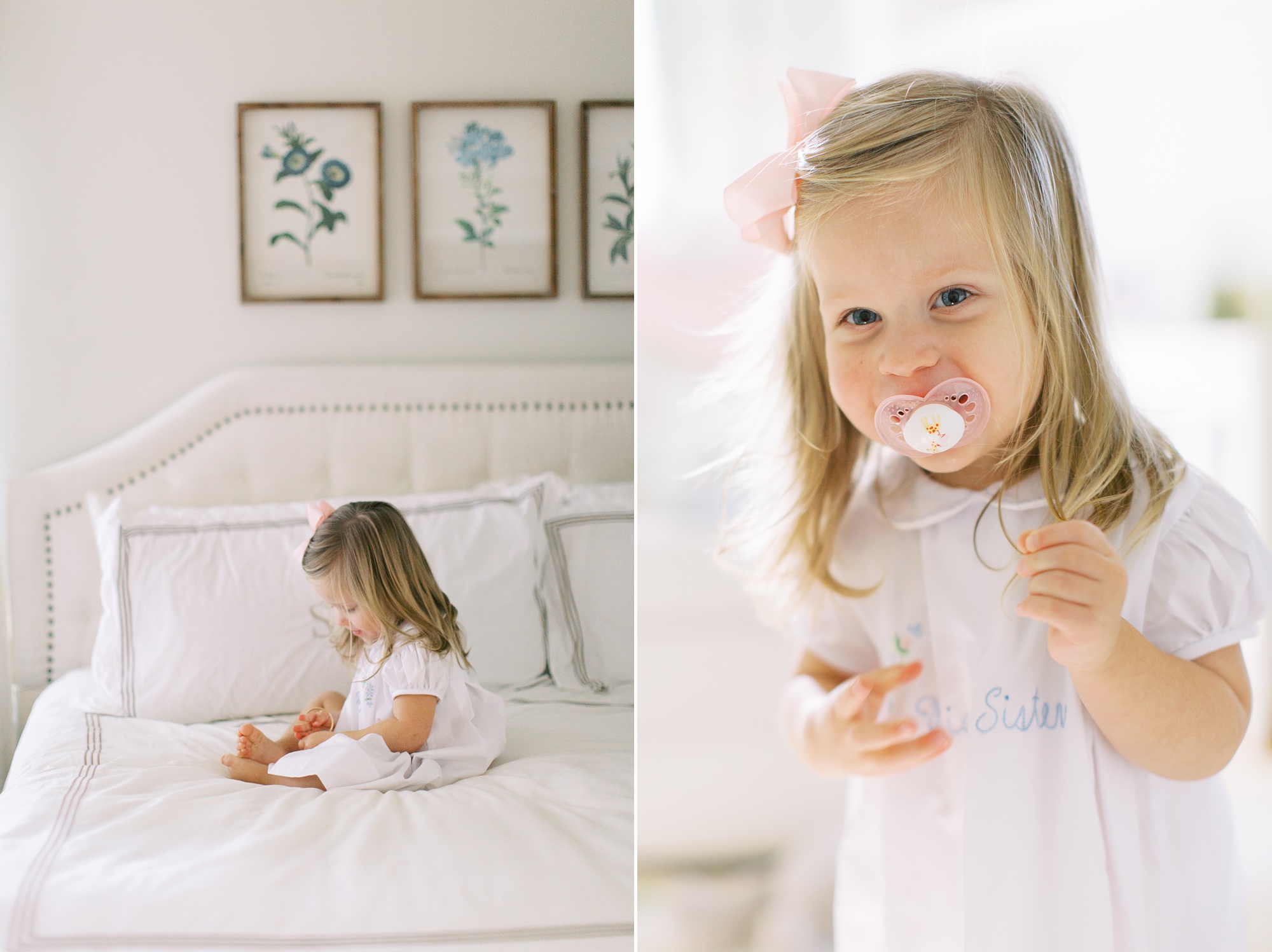 toddler plays with pacifier on bed during lifestyle photos