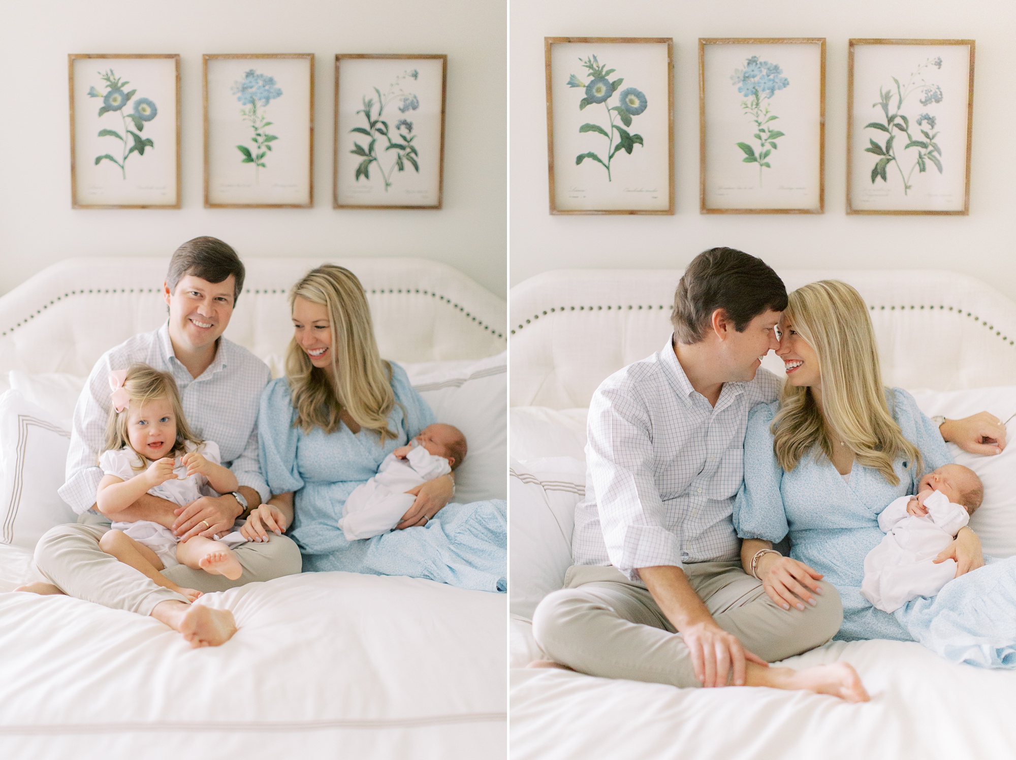 parents sit on bed during Charlotte lifestyle newborn session with son and daughter