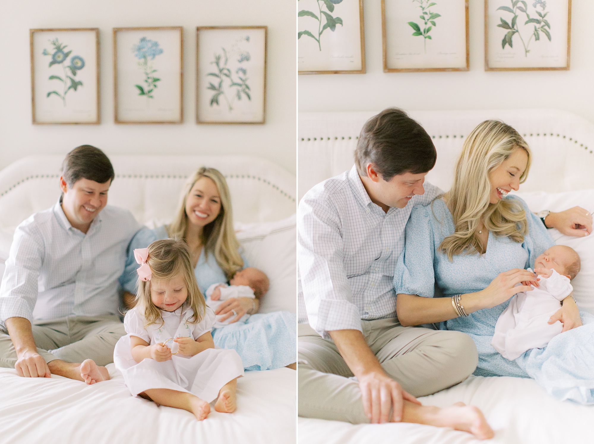 parents hold baby boy on bed during Charlotte lifestyle newborn session