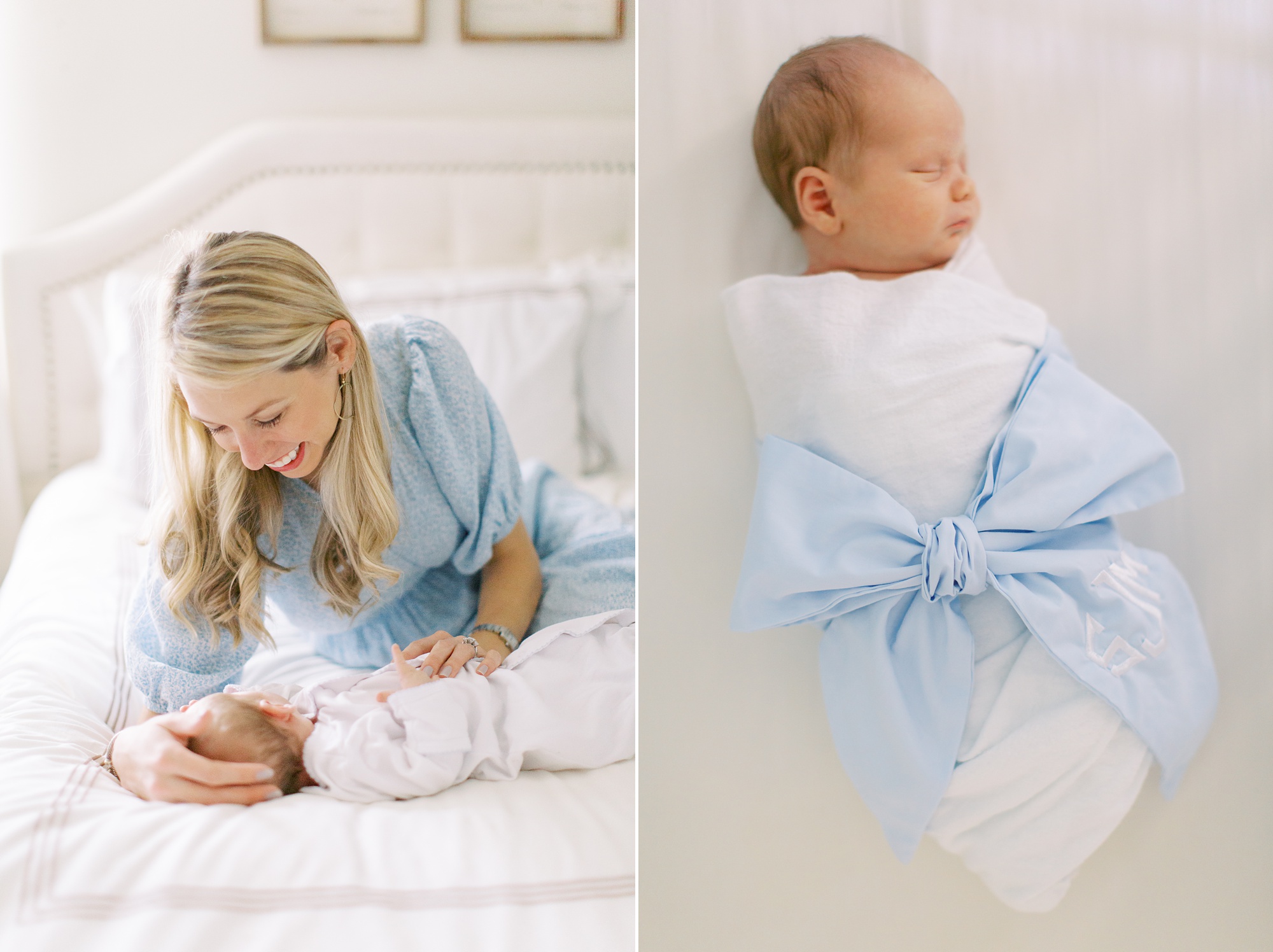 lifestyle newborn portraits on bed with mom