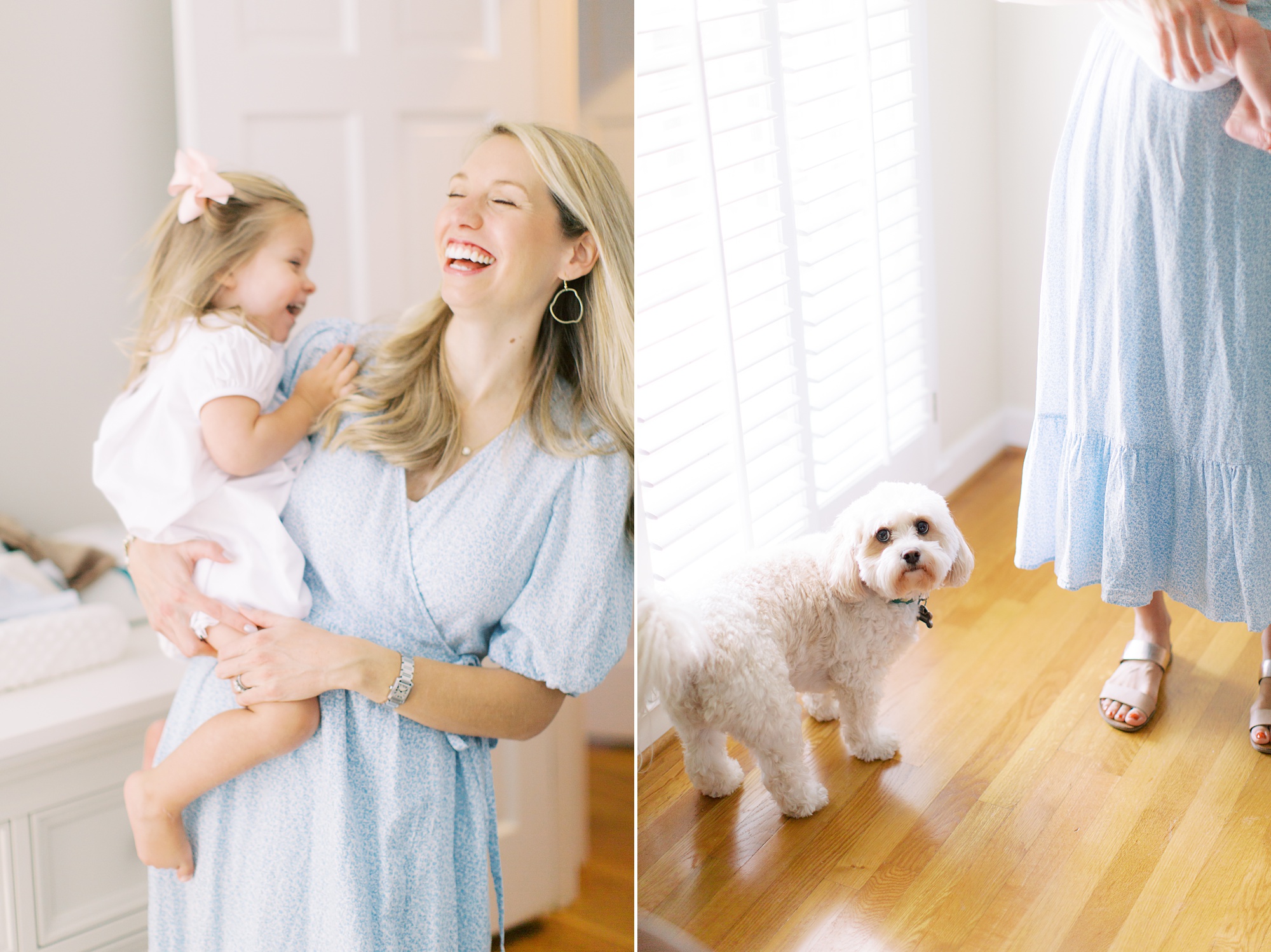 mom laughs with toddler during lifestyle photos at home