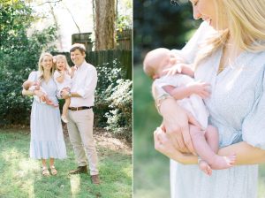 family poses in backyard during Charlotte lifestyle newborn session