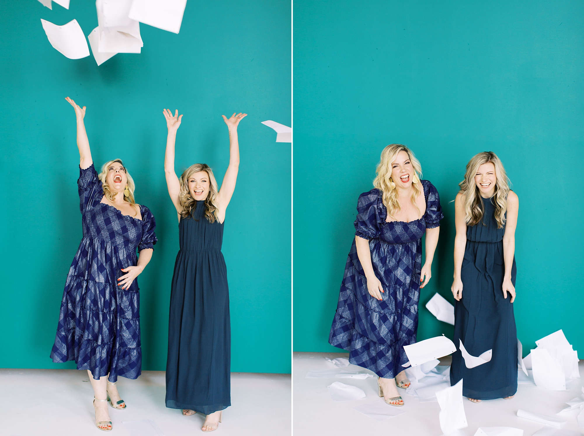 wedding planners at McLean Events toss papers up in air in front of teal wall