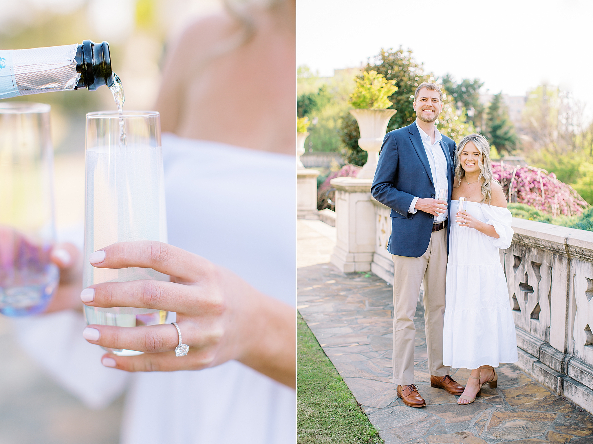 spring engagement photos with couple holding champagne