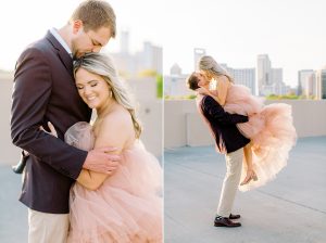 bride and groom pose on Charlotte rooftop during engagement photos