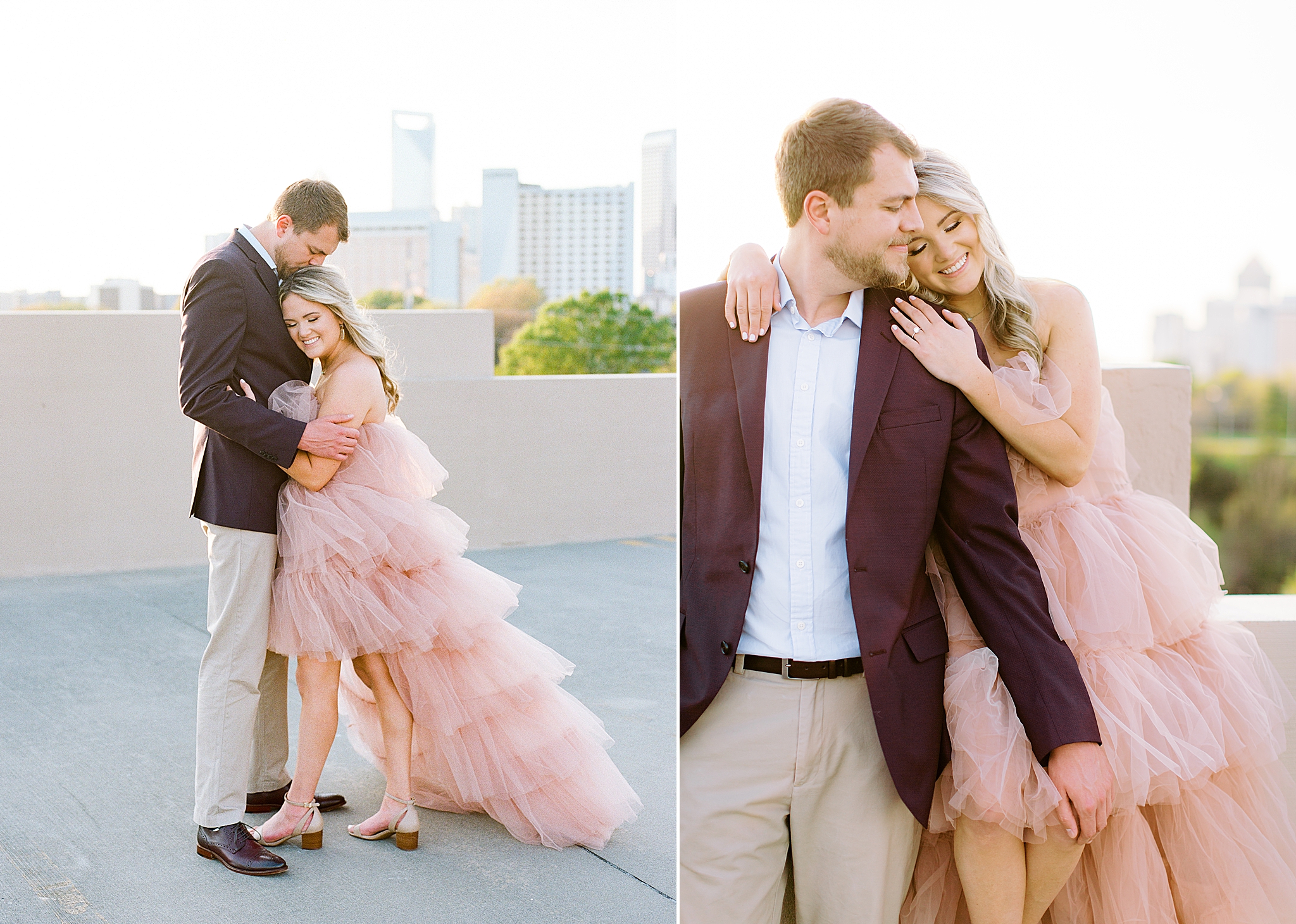 sunset engagement portraits on rooftop in Charlotte NC