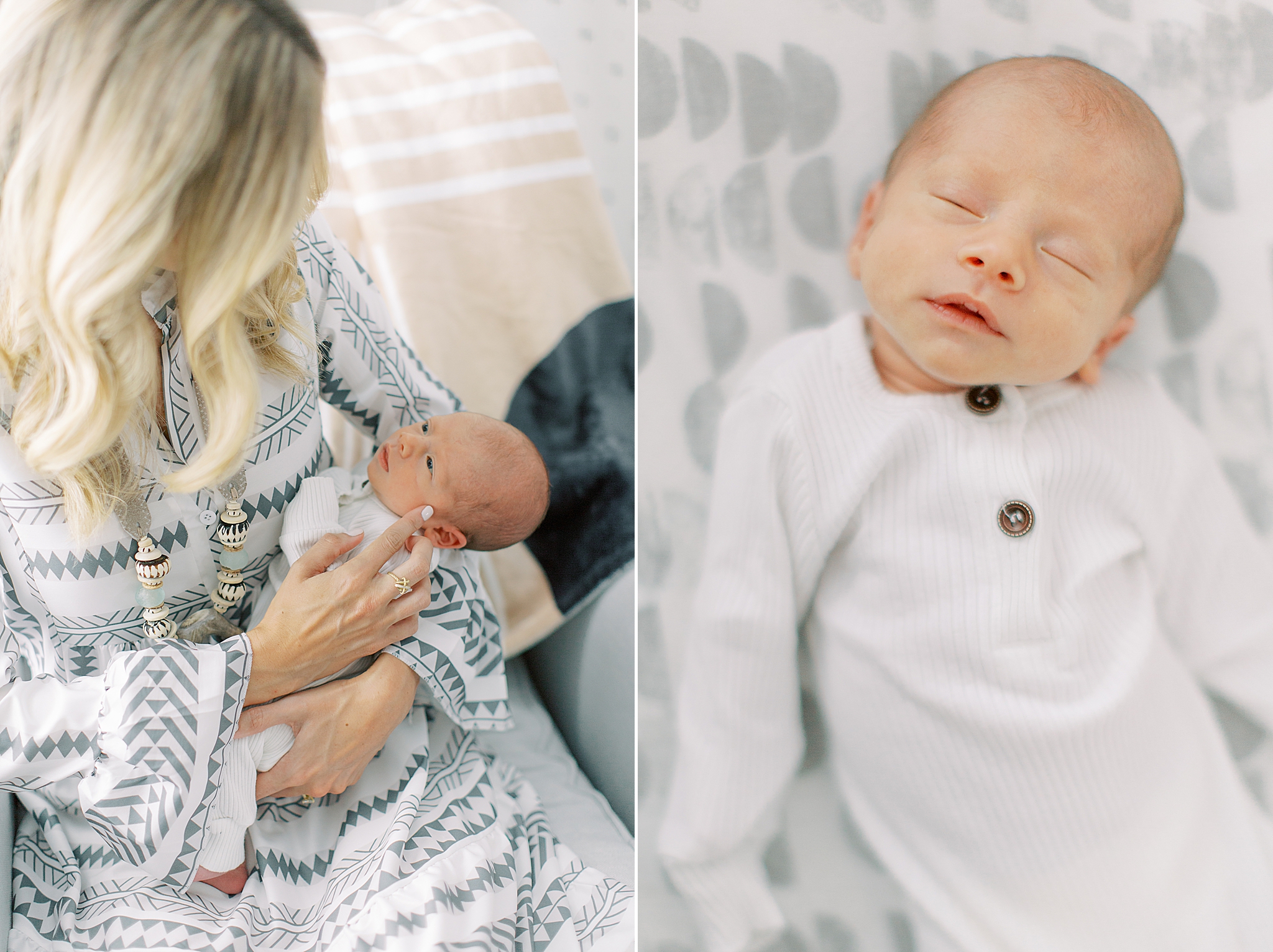 Charlotte Newborn Session at Home for baby boy in white outfit