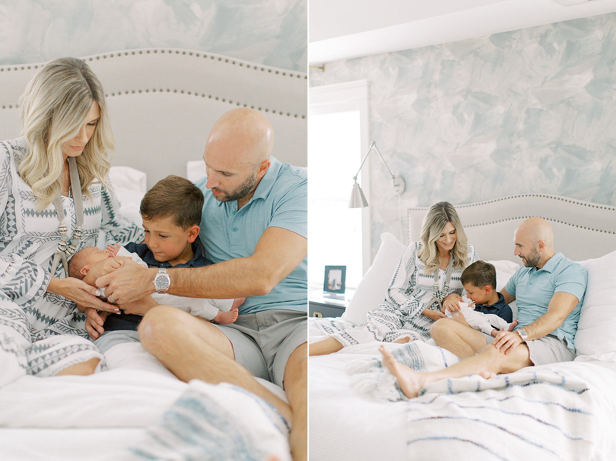 family looks down at new baby boy during Charlotte newborn session at home
