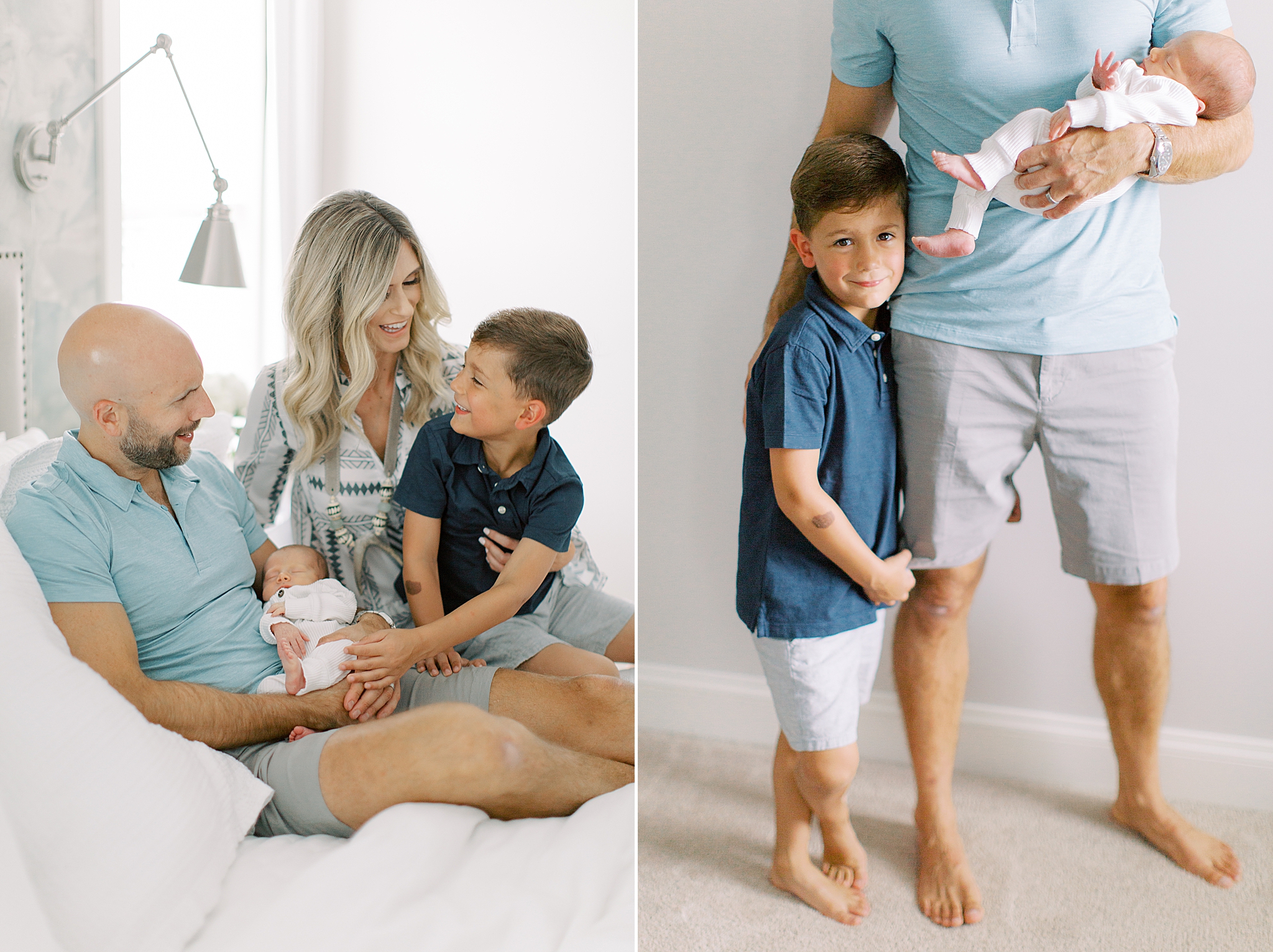 family of four poses on master bed during lifestyle newborn photos