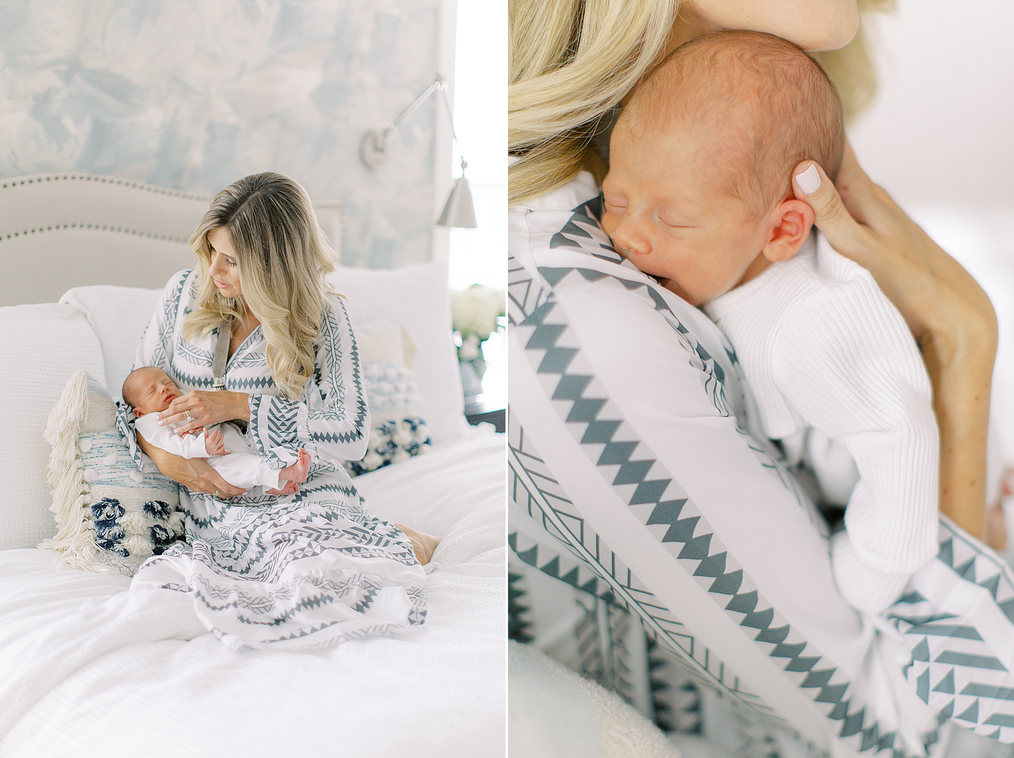 mom poses on bed with newborn baby boy