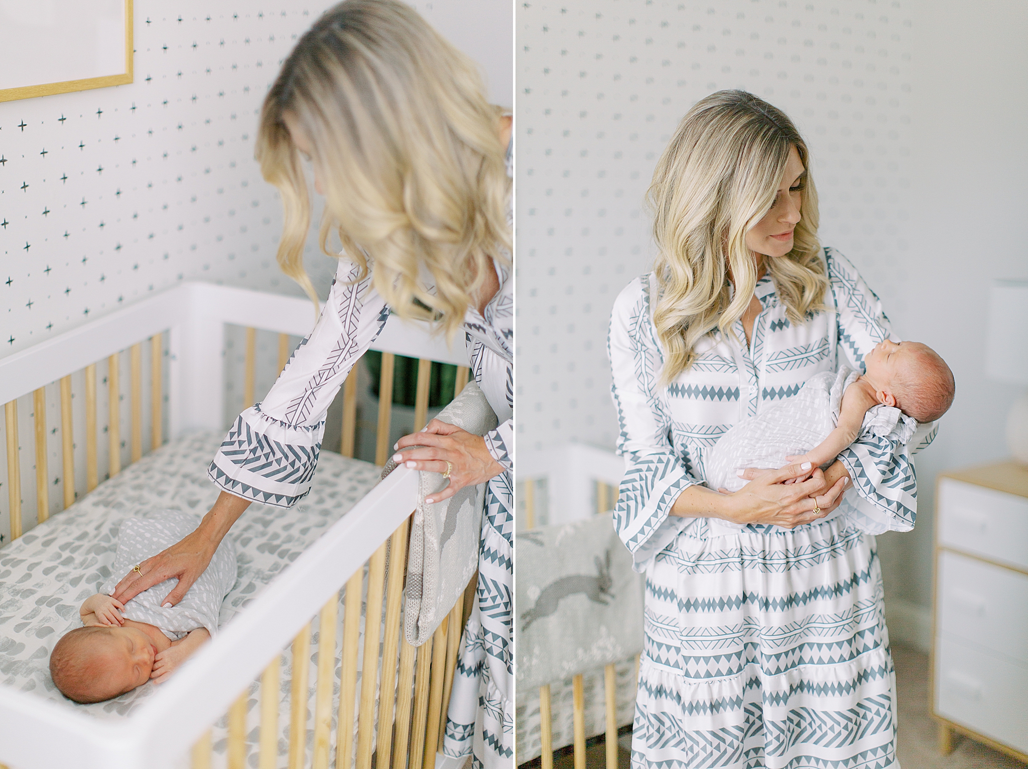 mom rocks baby by crib during lifestyle newborn photos