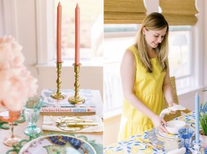 woman arranges table with blue and yellow accents
