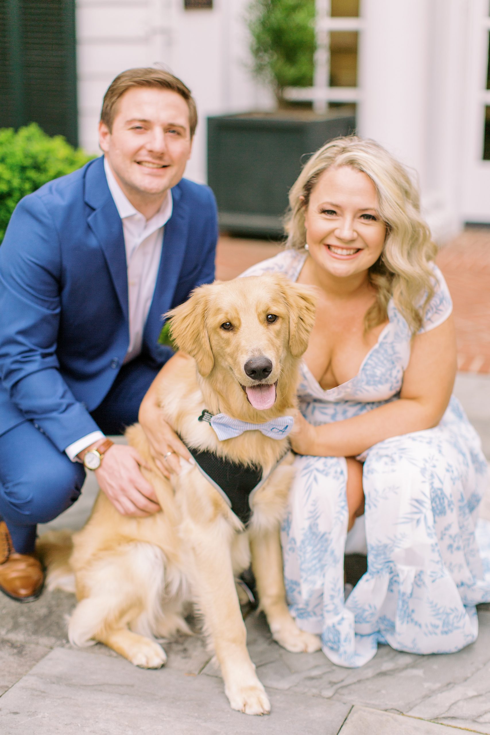 bride and groom sit on step with dog in bowtie