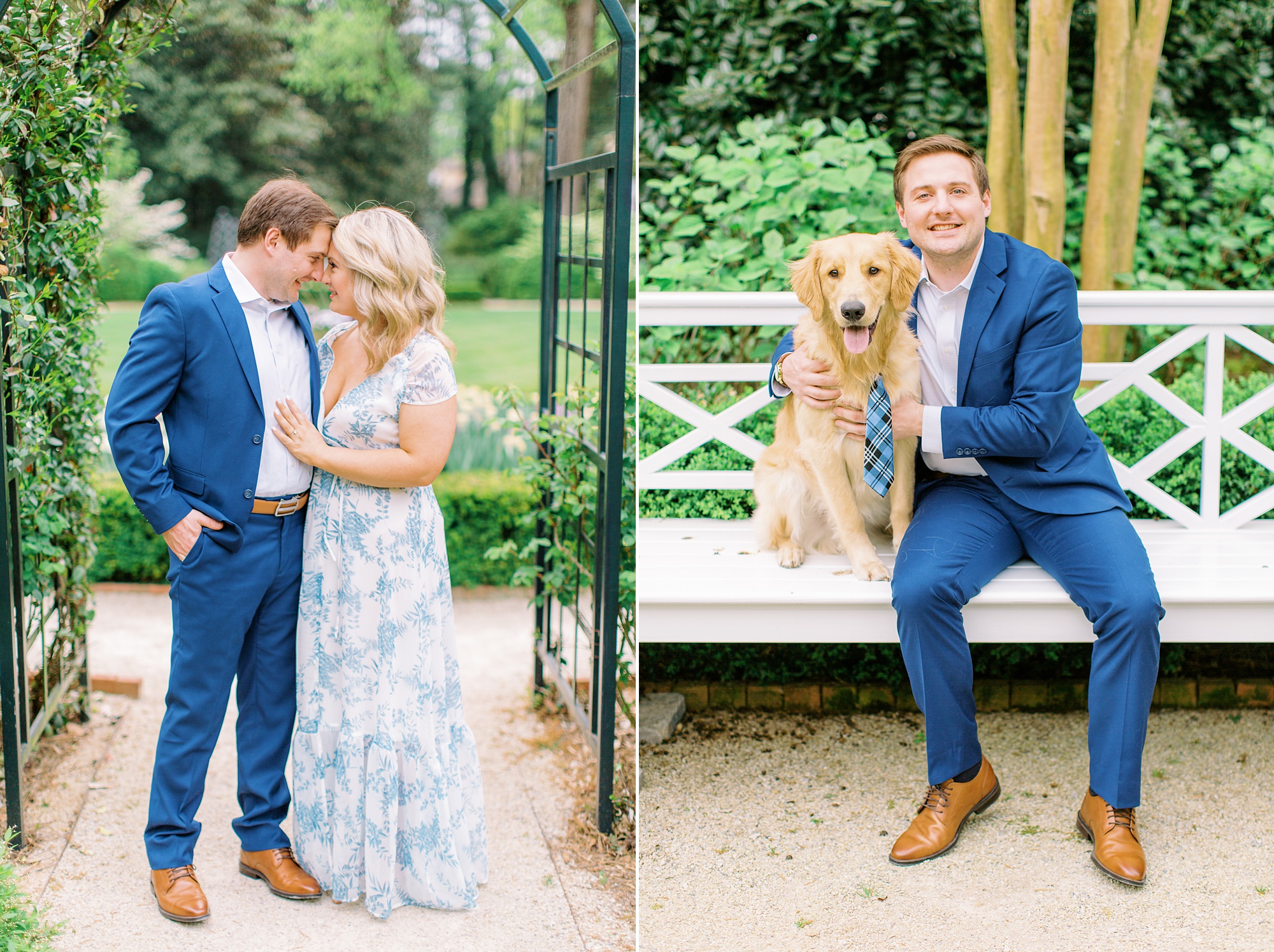 Duke Mansion engagement portraits under arbor with dog
