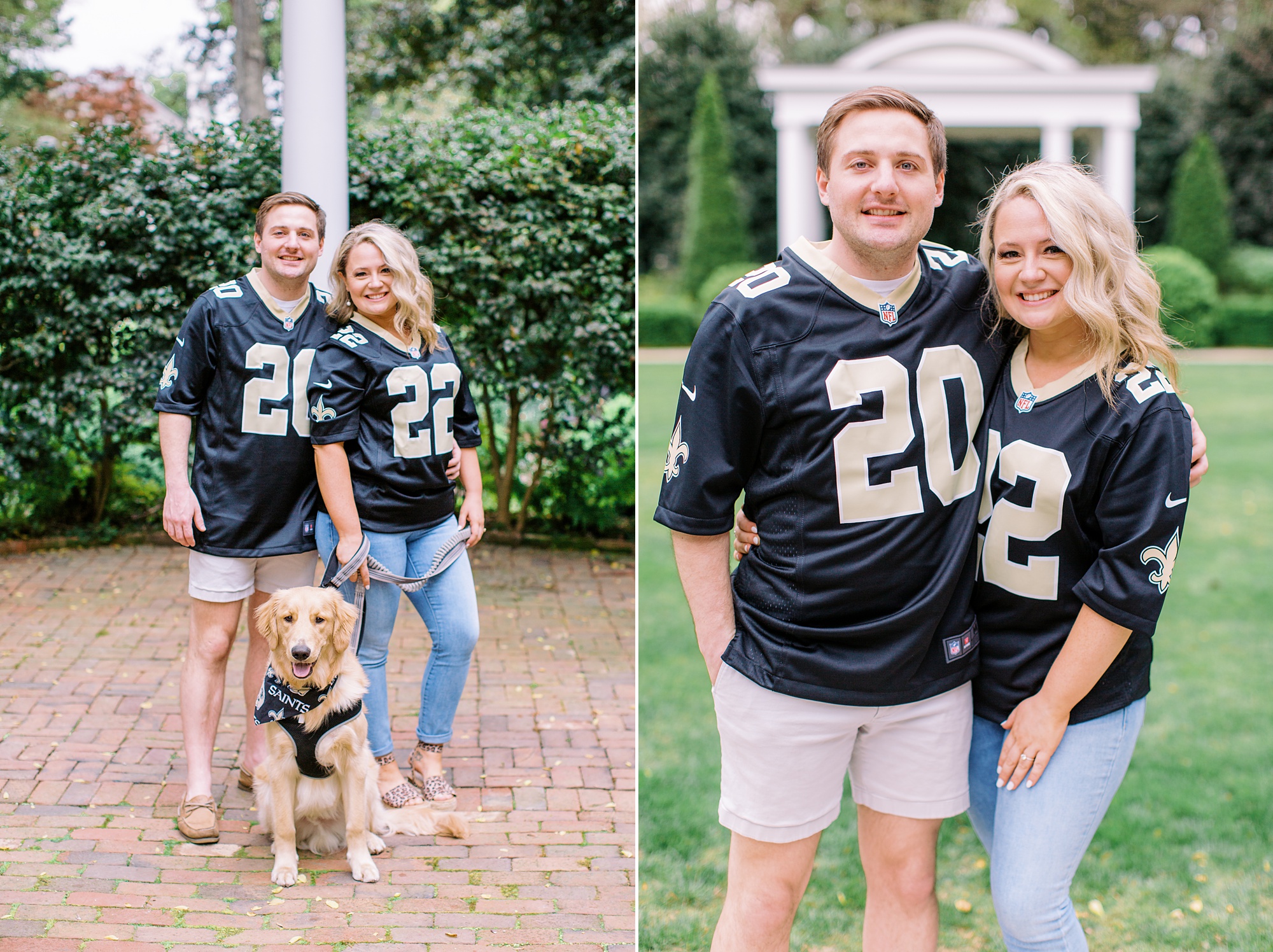 casual engagement photos in custom Saints jerseys
