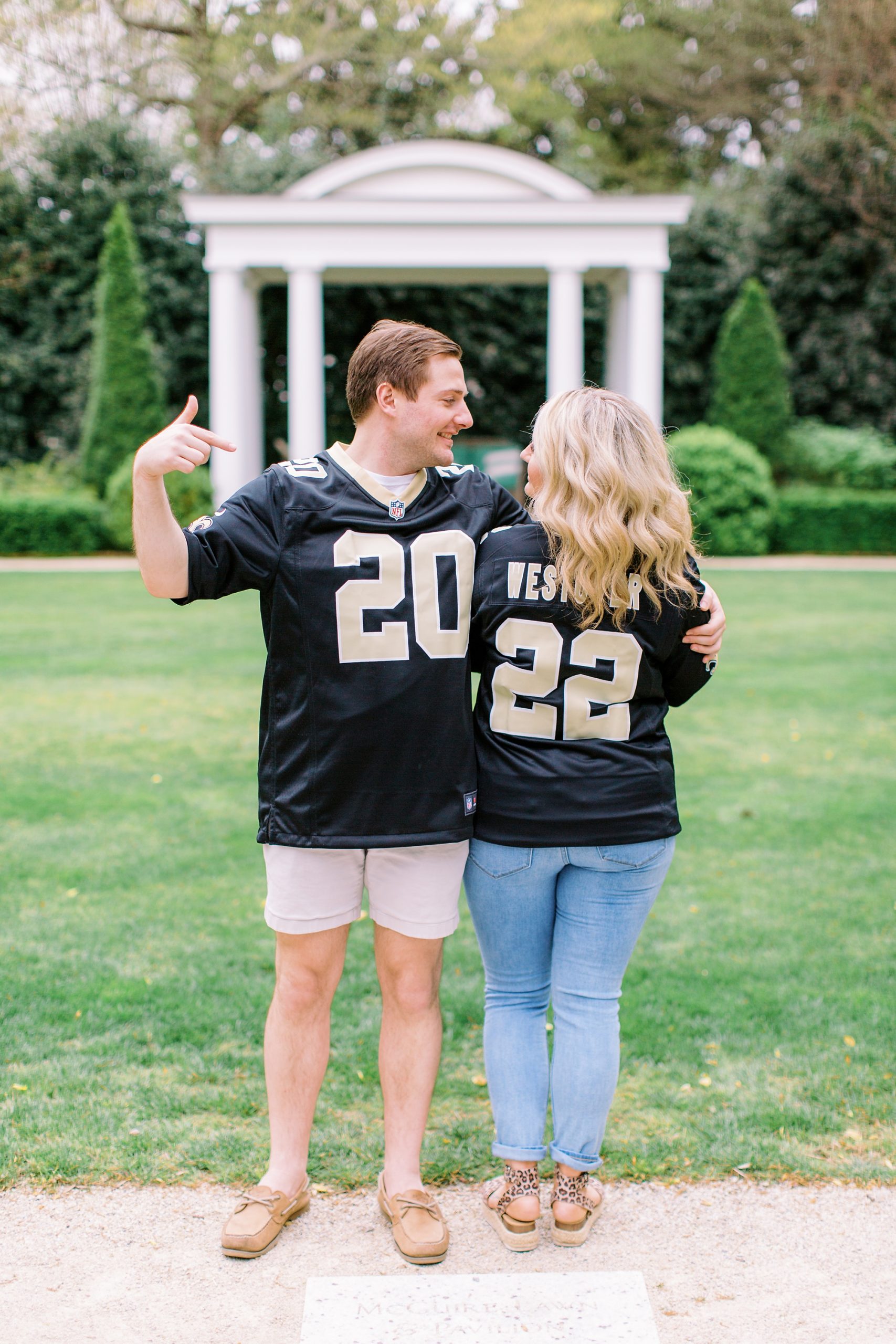 couple shows off custom jerseys in Duke Mansion garden