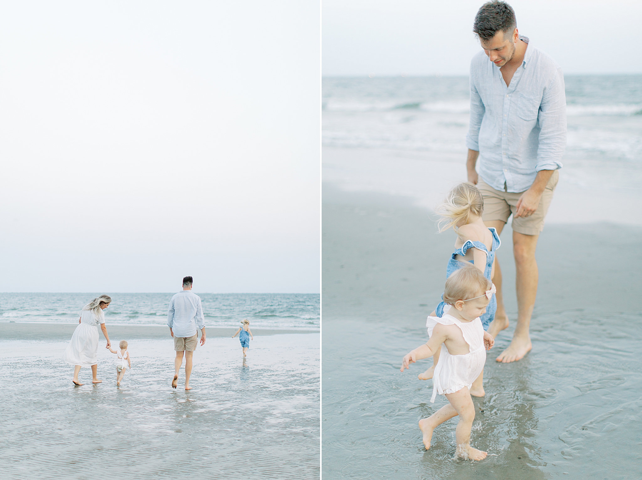 family walks on beach during Sullivans Island family session