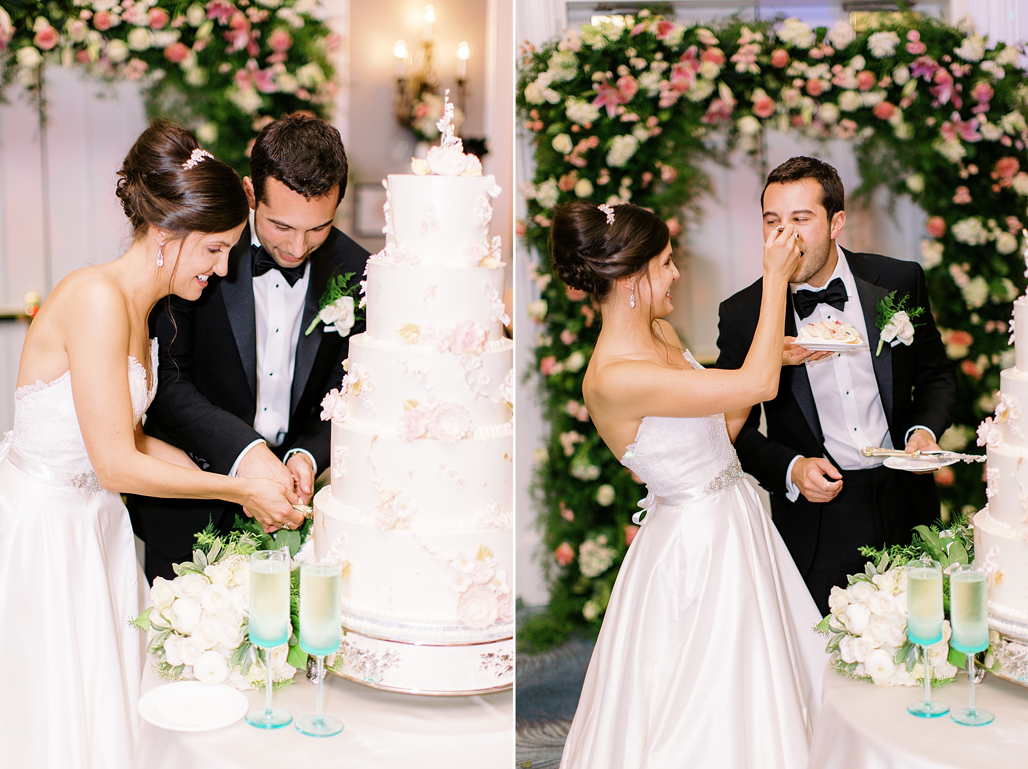 newlyweds cut wedding wedding cake during NC wedding reception