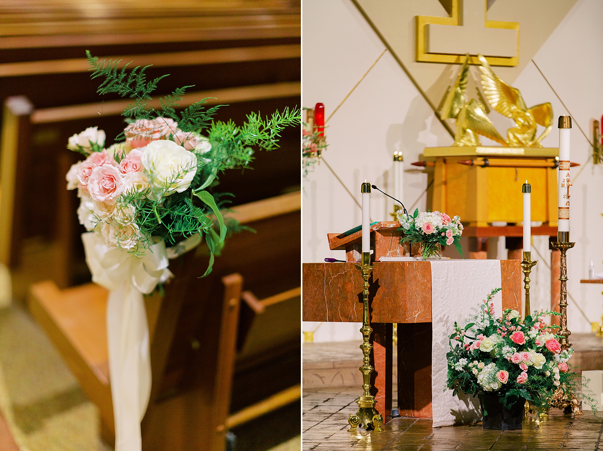 decor along pews for traditional church wedding in Charlotte NC