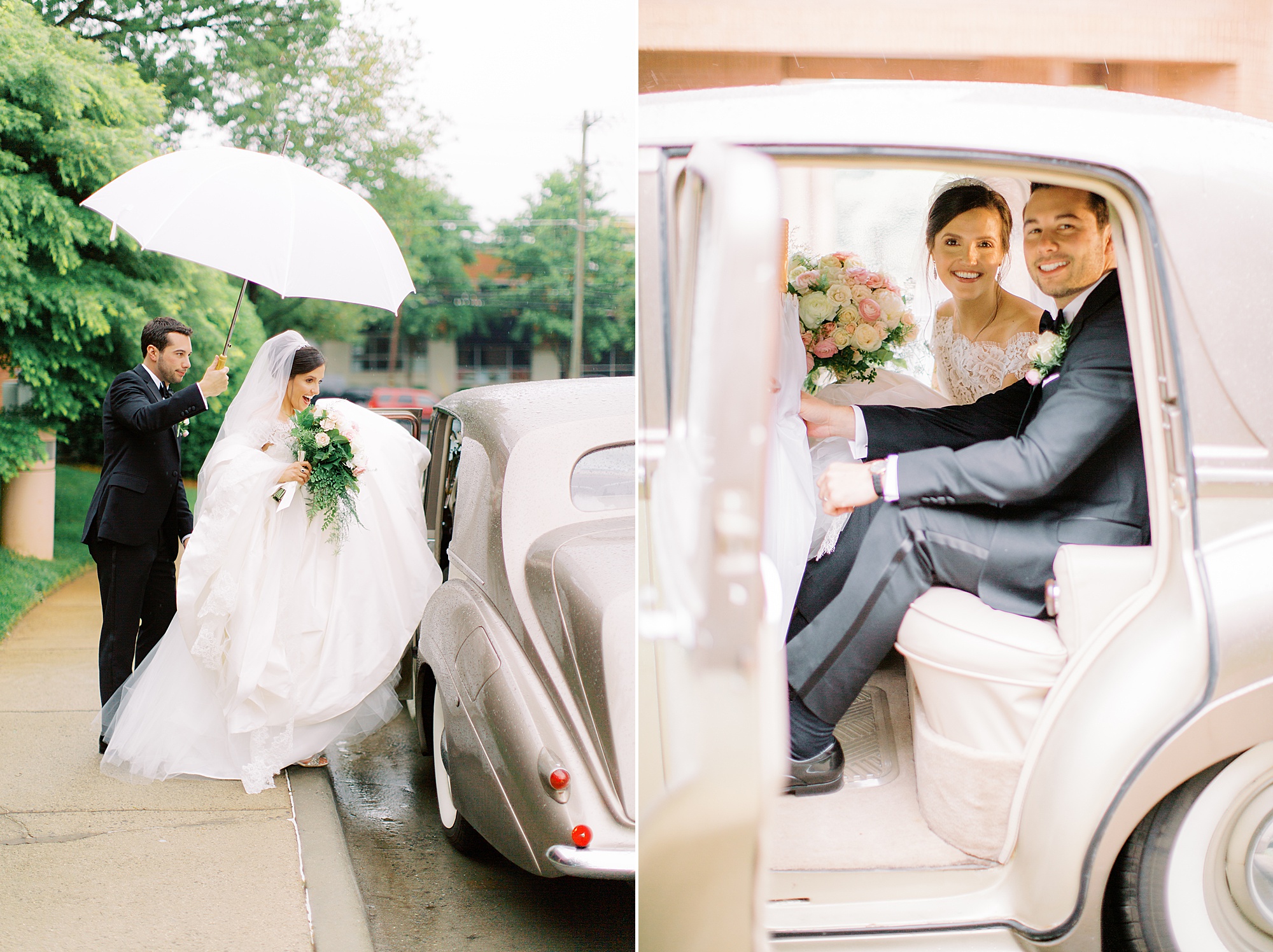 bride gets into Rolls Royce with groom on rainy wedding day in Charlotte NC