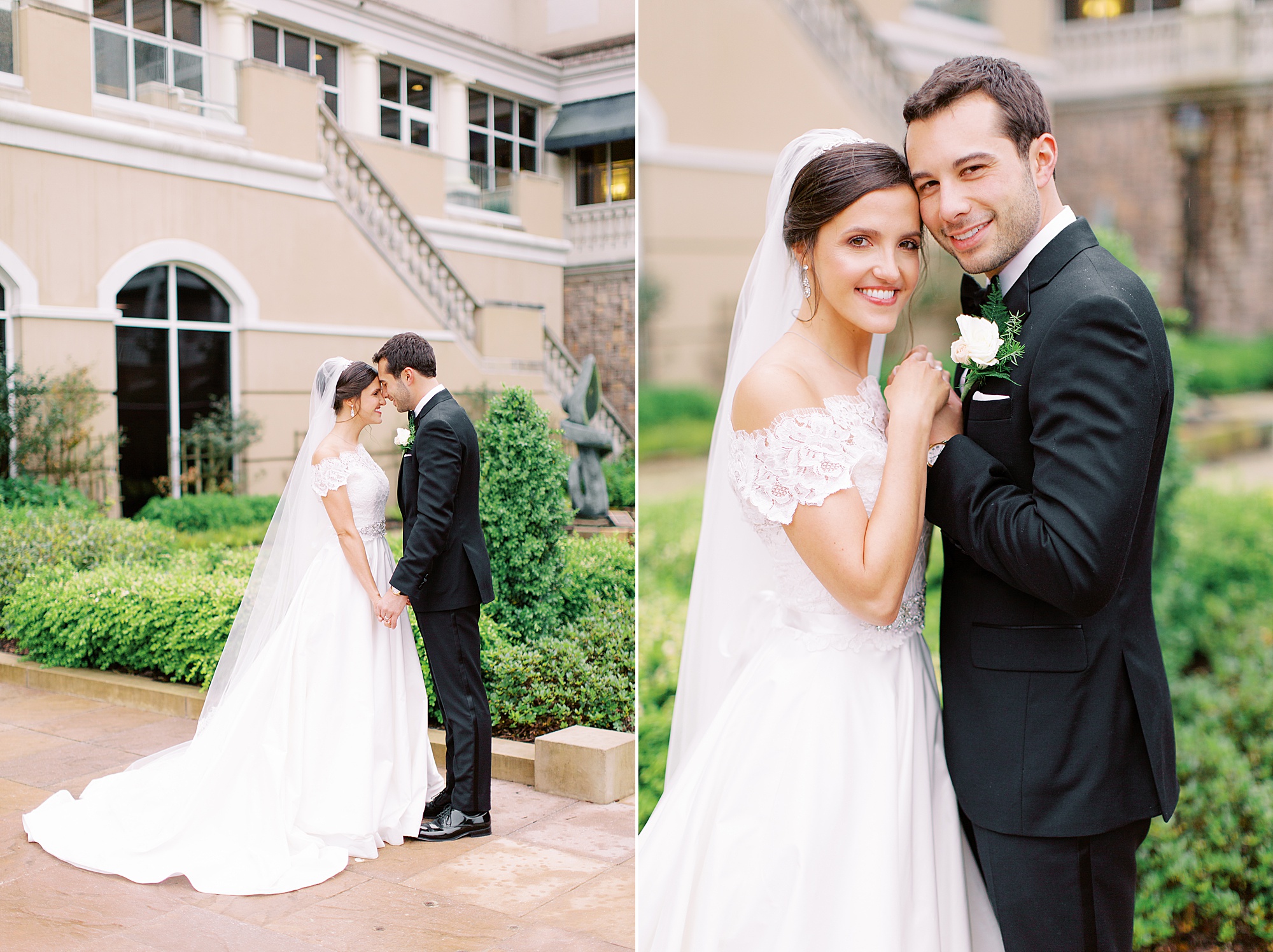 bride with classic veil leans into groom during Ballantyne Country Club