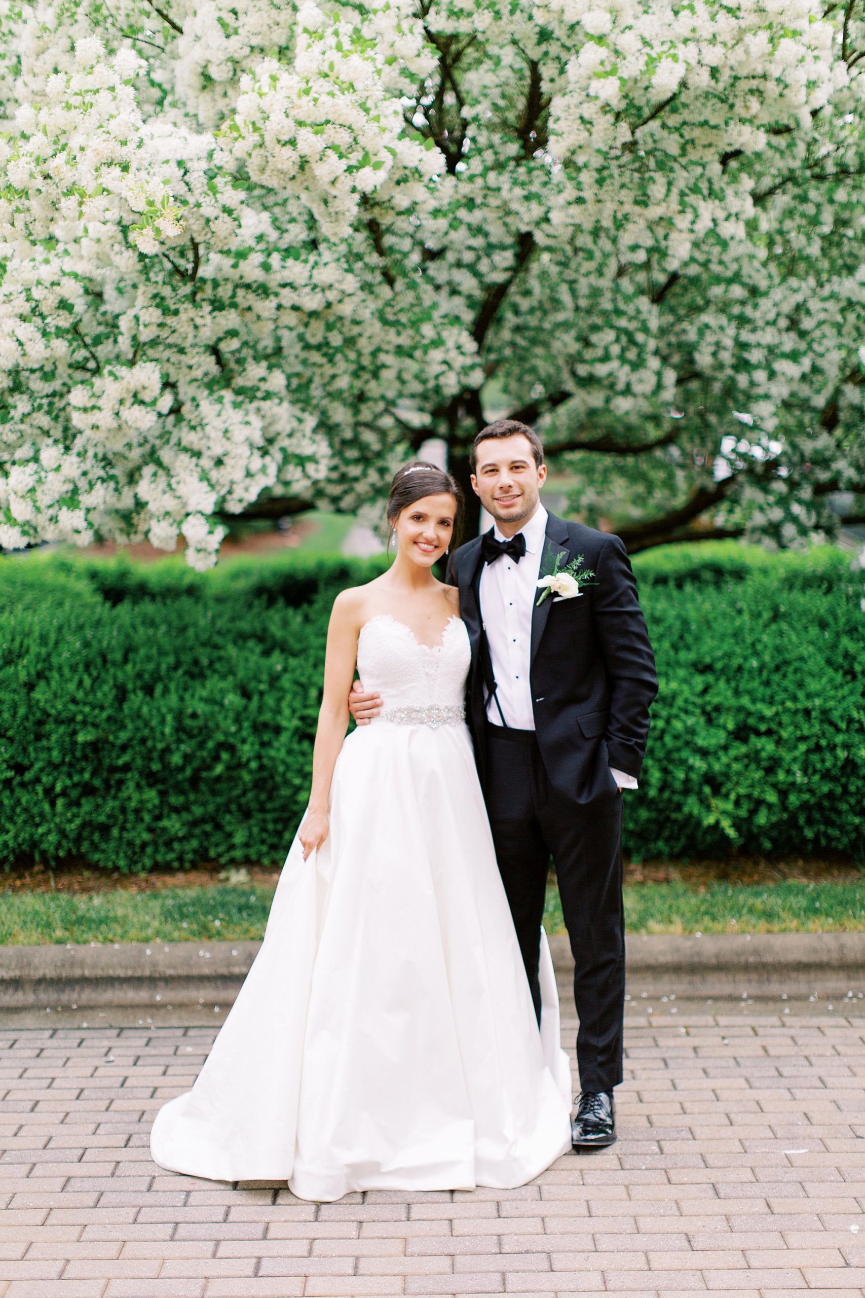 newlyweds pose by white tree outside Ballantyne Country Club