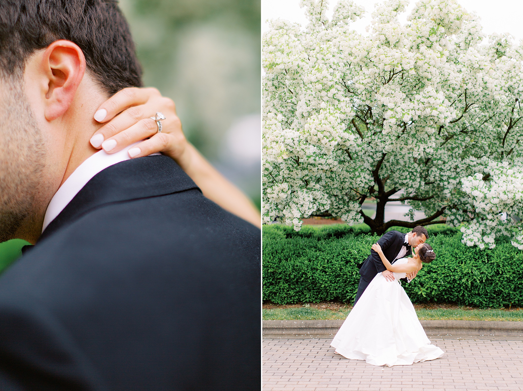 groom kisses bride dipping her back during portraits at Ballantyne Country Club