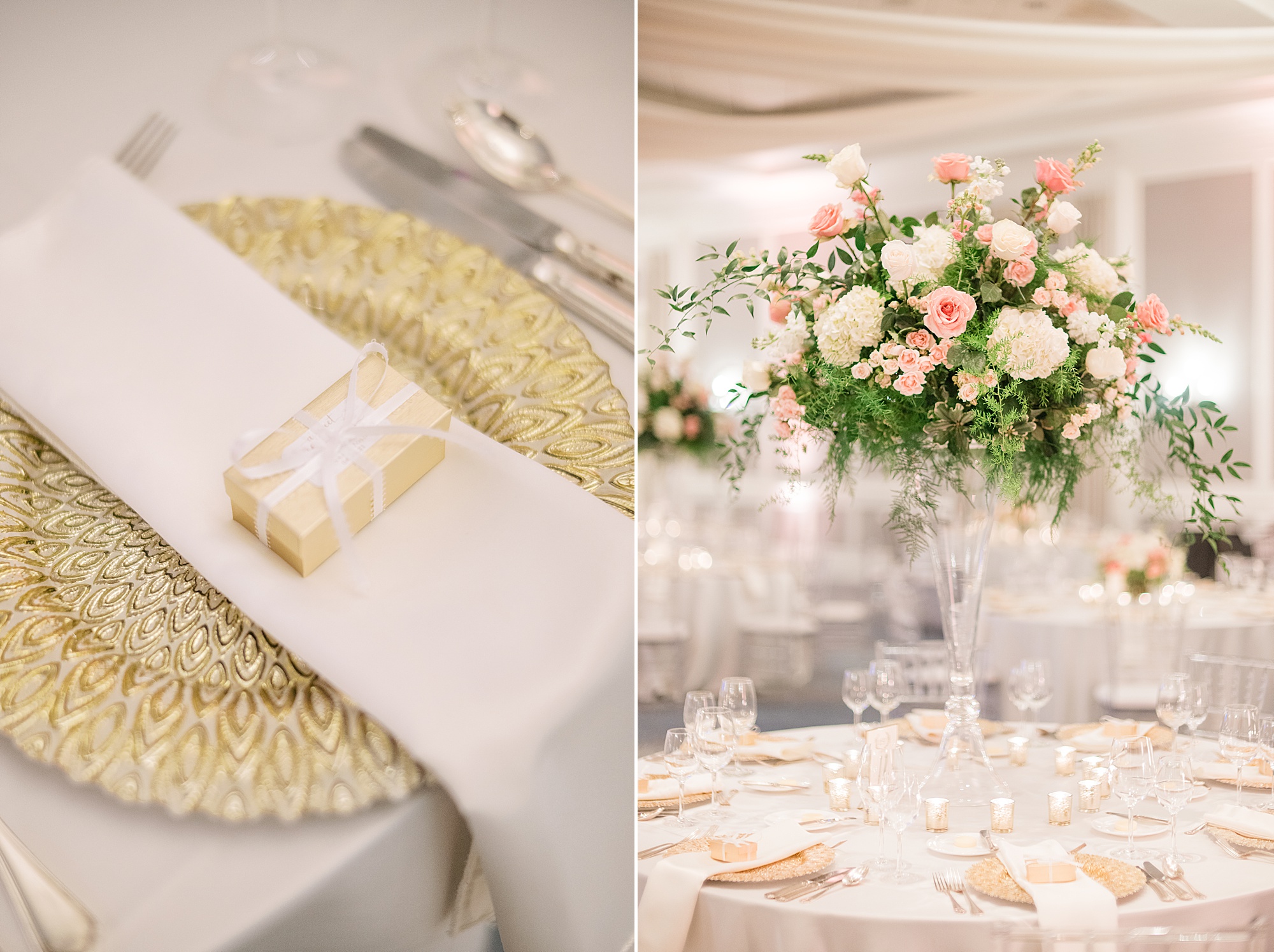 place settings with gold details and pink flowers at Ballantyne Country Club
