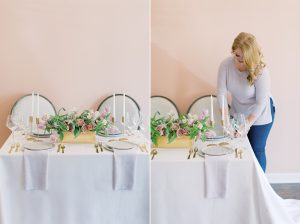 wedding planner adjusts table display during branding session