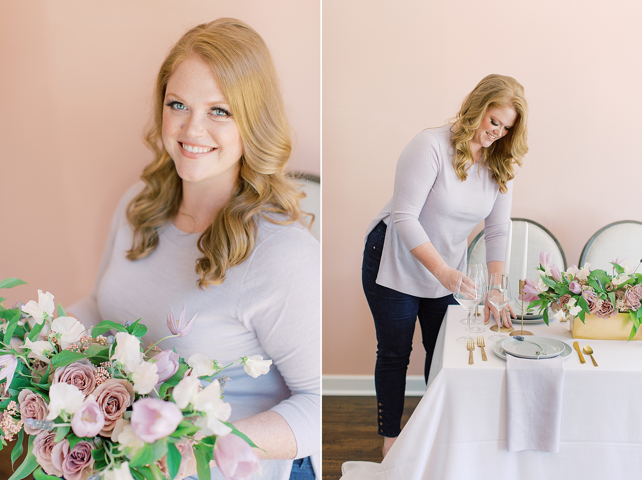 event designer sets table during branding photos with Charlotte branding photographer Demi Mabry