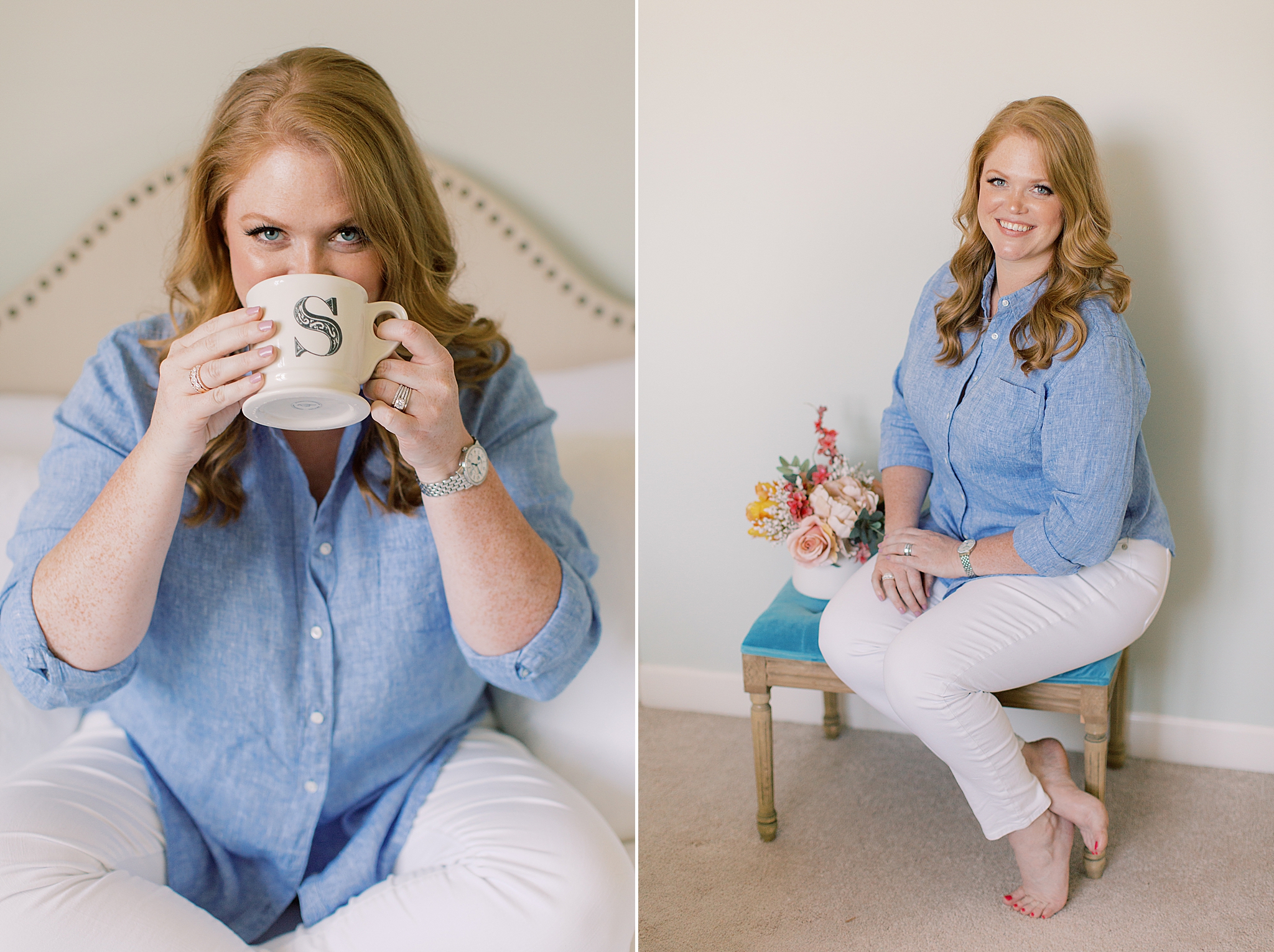 woman drinks from coffee mug on bed during branding photos with Charlotte branding photographer