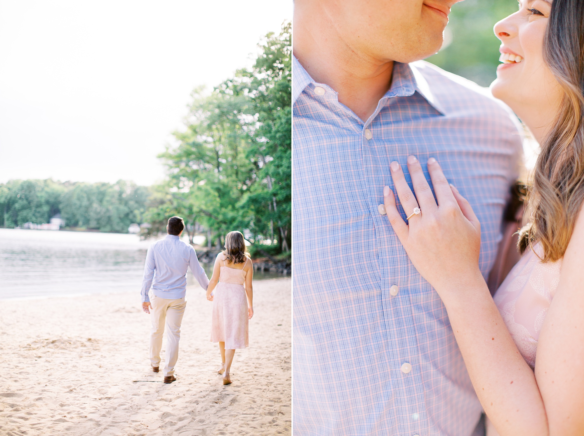 bride in pale pink dress lays hand on groom's chest with blue shirt at Lake Norman
