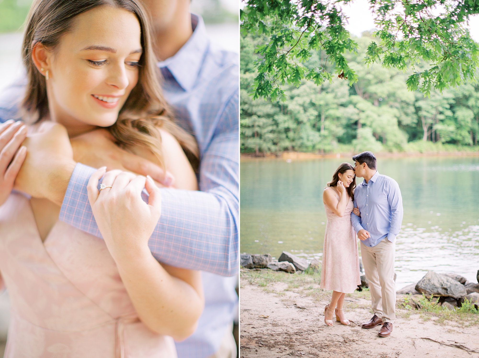 engaged couple poses by Lake Norman in Jetton Park
