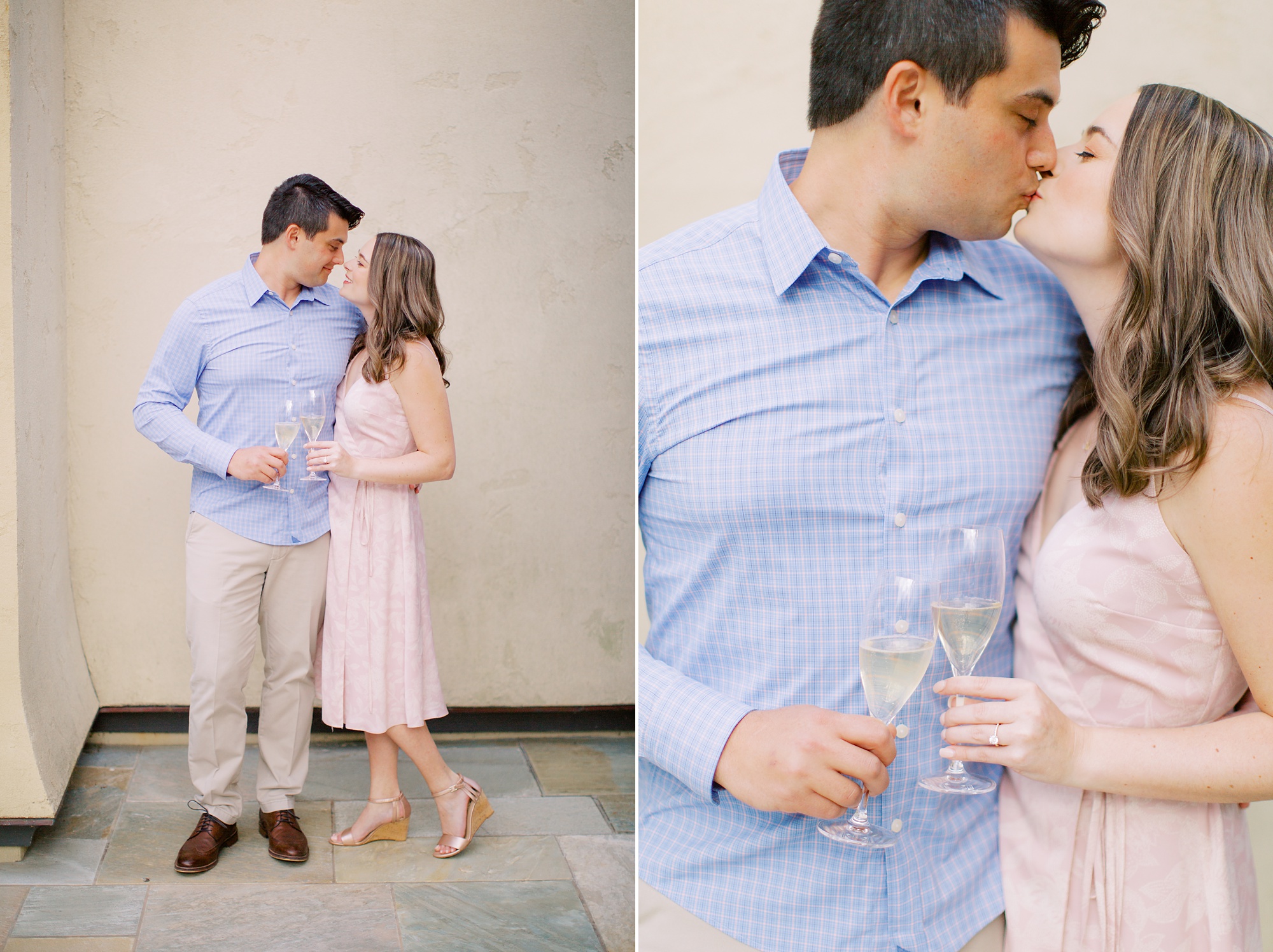 couple toasts with champagne during engagement photos