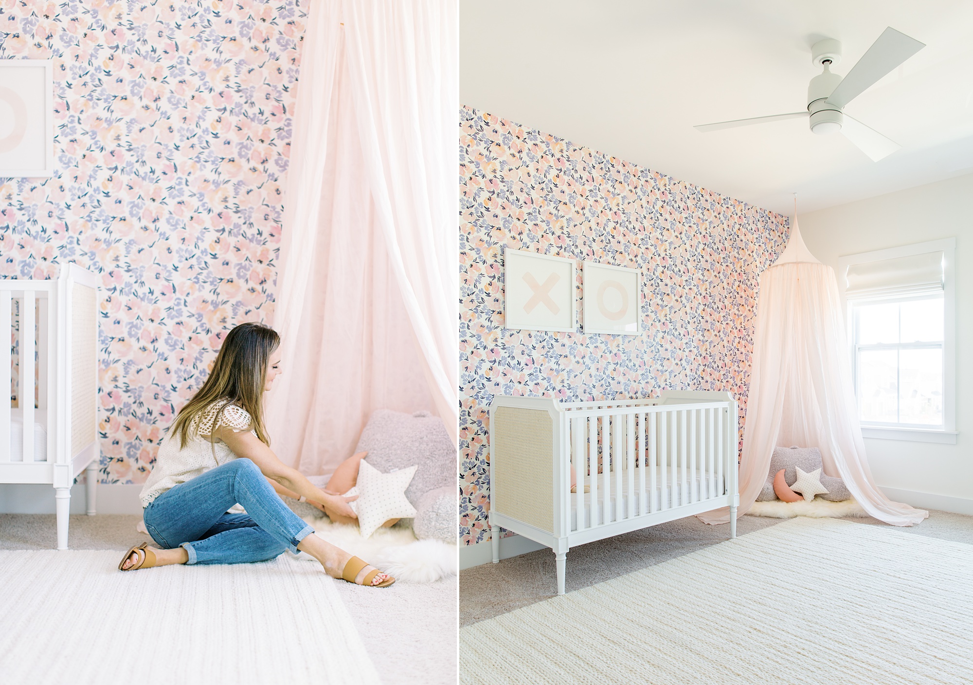 designer adjusts pillows in tent for girl's room