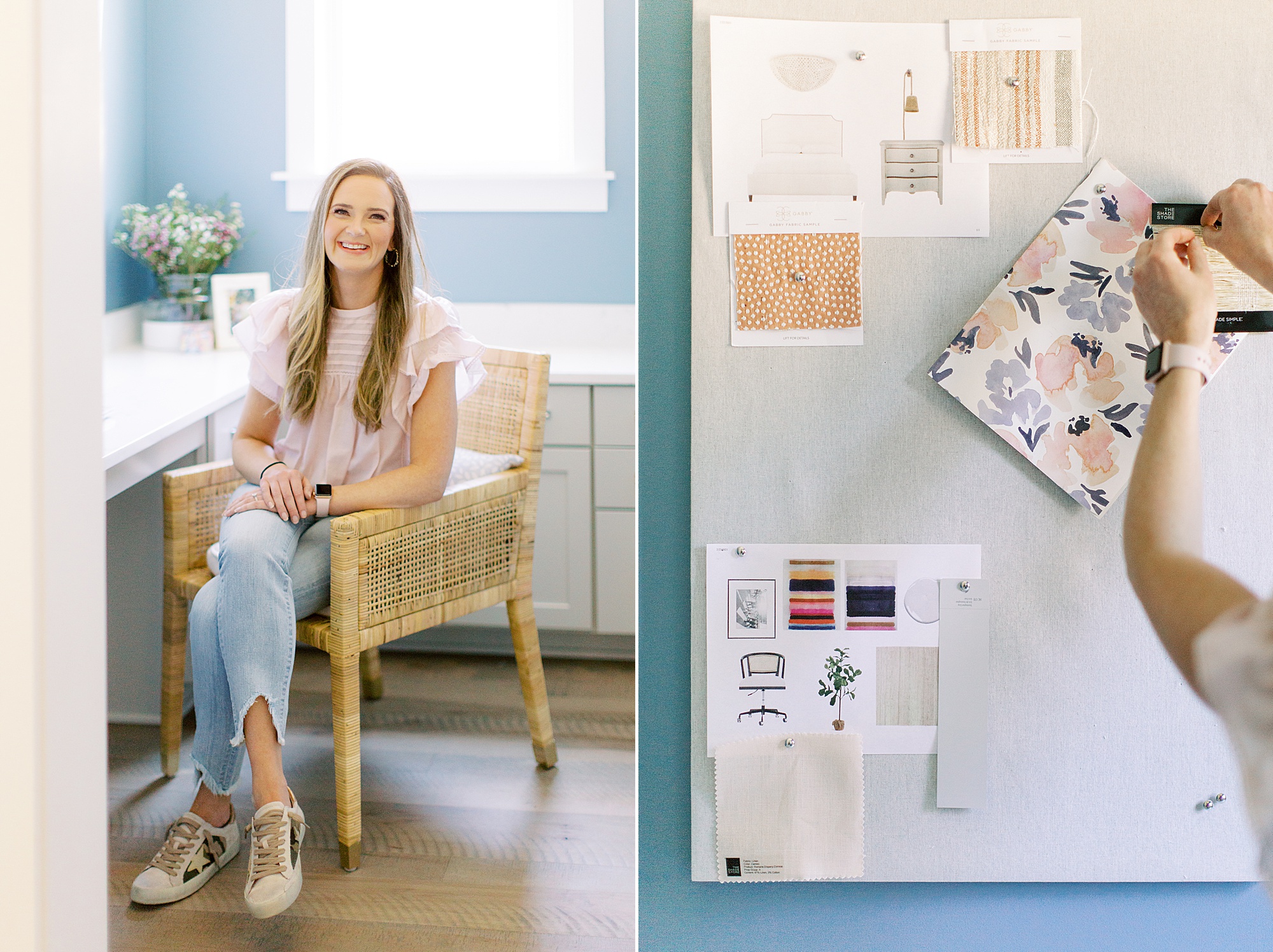 woman sits in home office during branding photos with Charlotte branding photographer