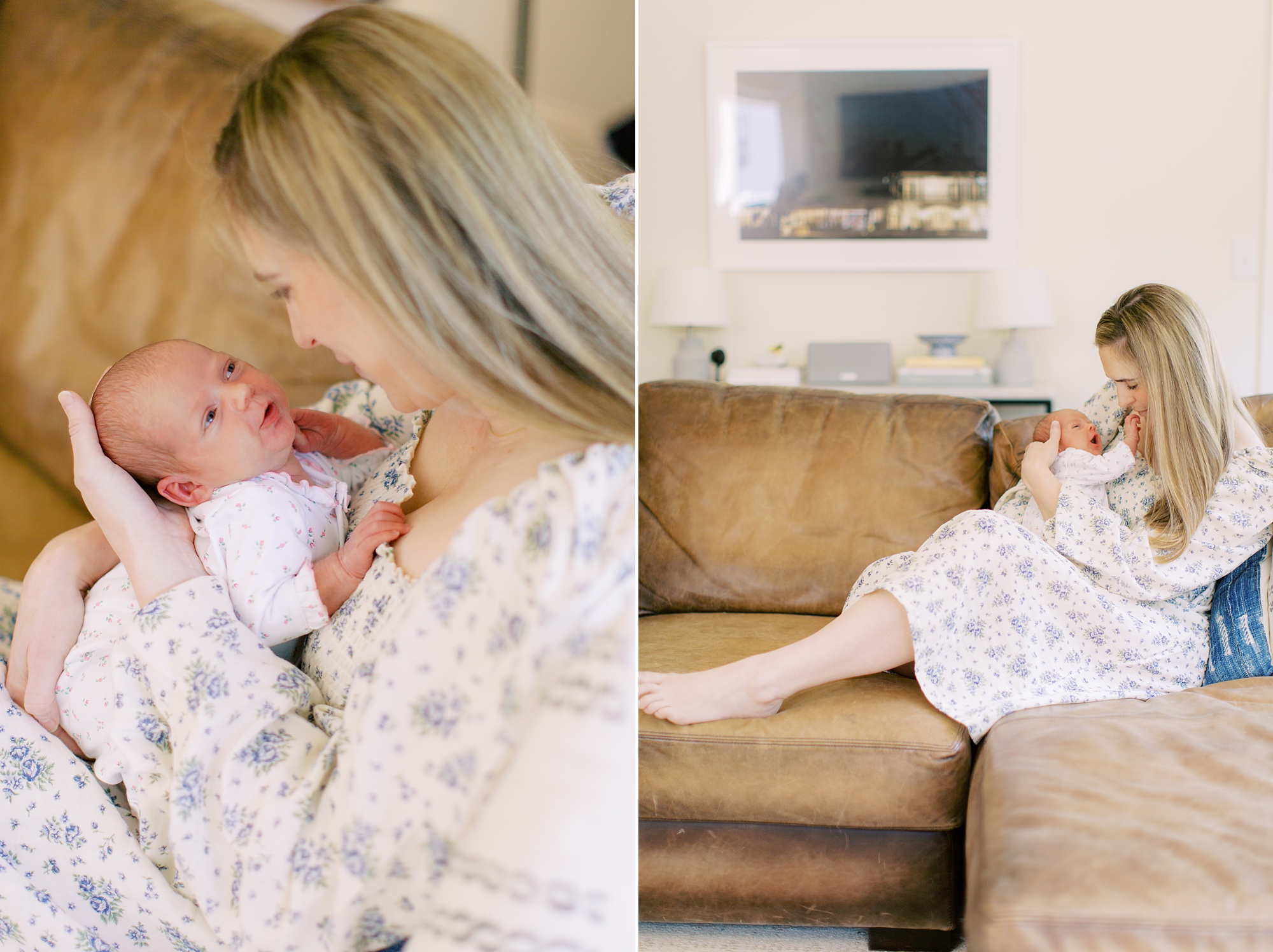 mom looks down at new baby girl during Charlotte NC newborn portraits
