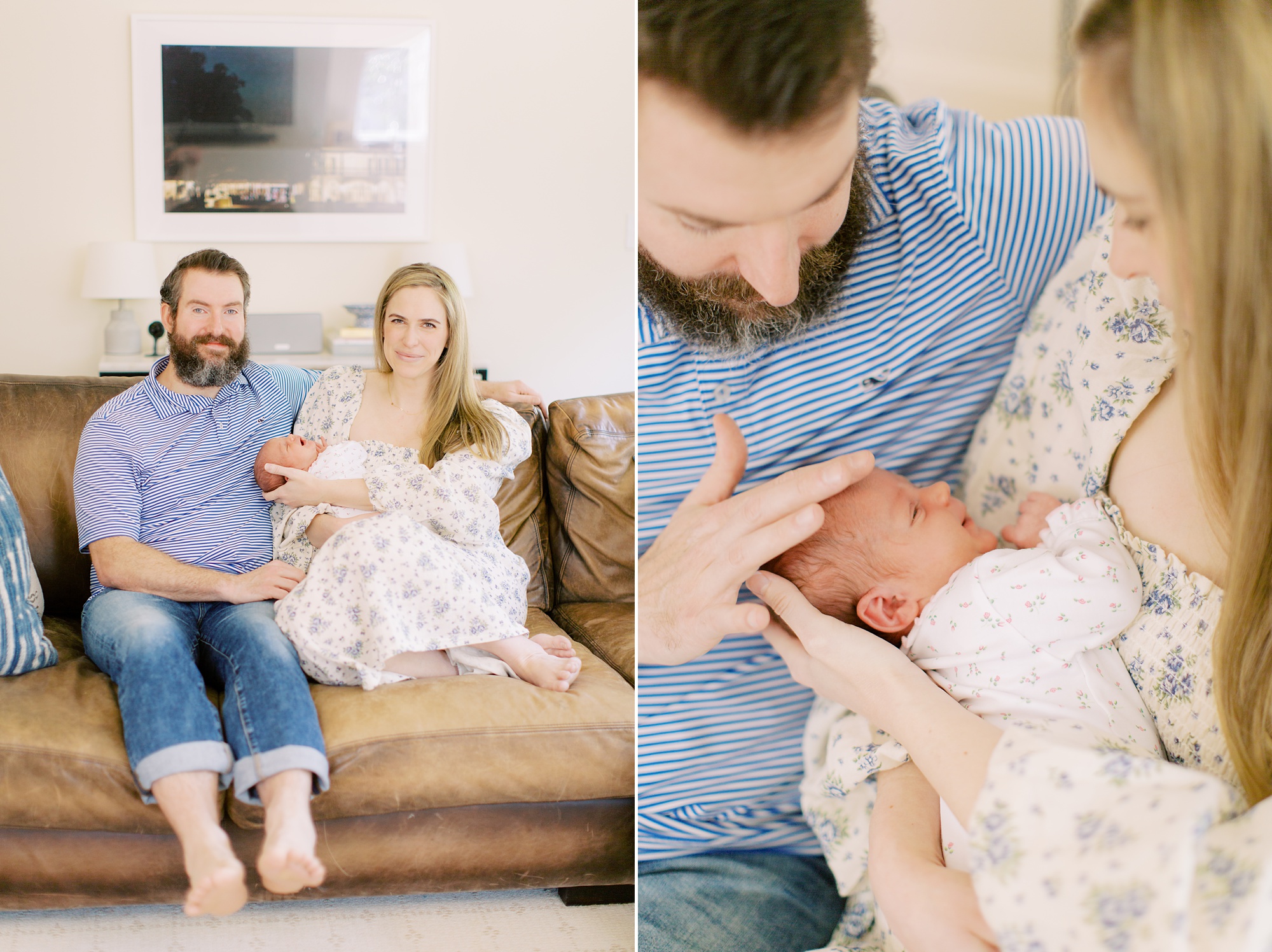 parents sit with newborn daughter on couch during lifestyle newborn portraits in Charlotte NC