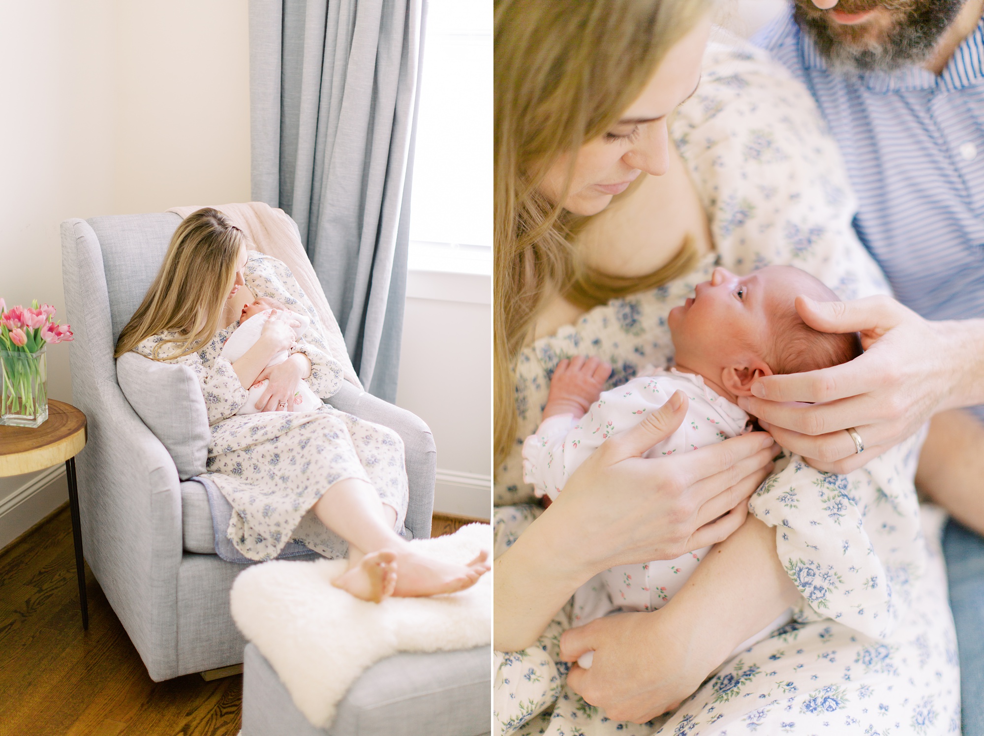 mom snuggles with daughter in nursery during lifestyle newborn photos