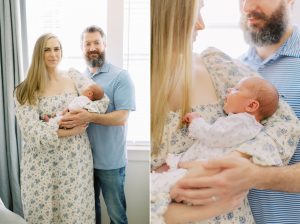 parents hold newborn baby girl during Charlotte lifestyle session