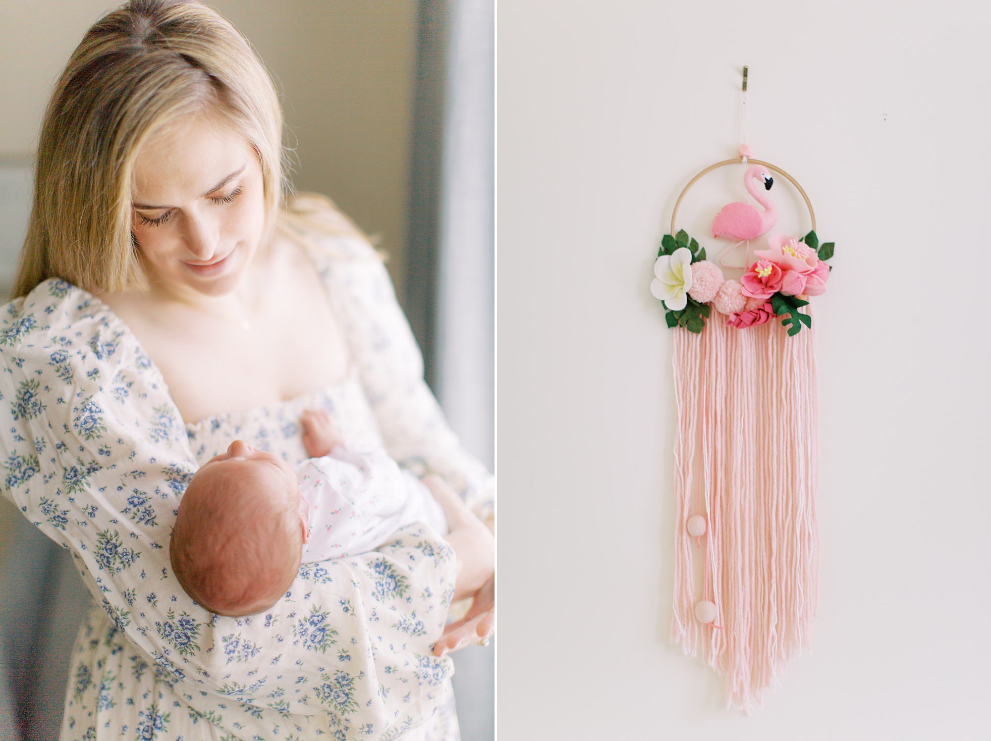 mom holds daughter during CHarlotte lifestyle newborn photos