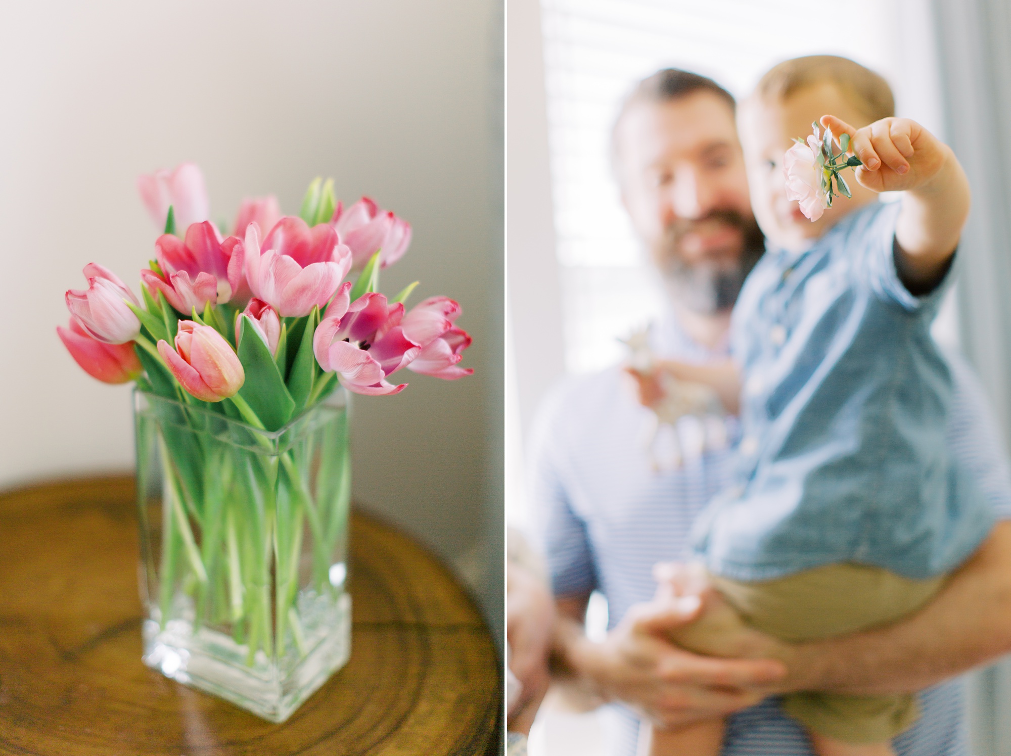 dad and son play with fresh flowers during lifestyle photos at home
