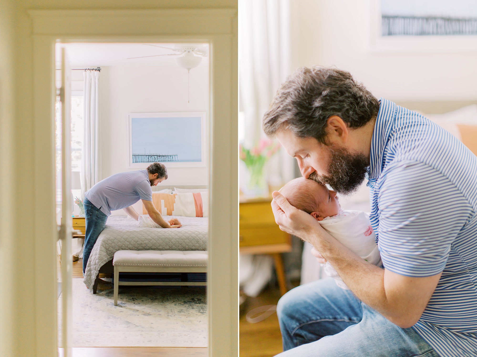 dad changes baby on bed during In Home Lifestyle Newborn Session