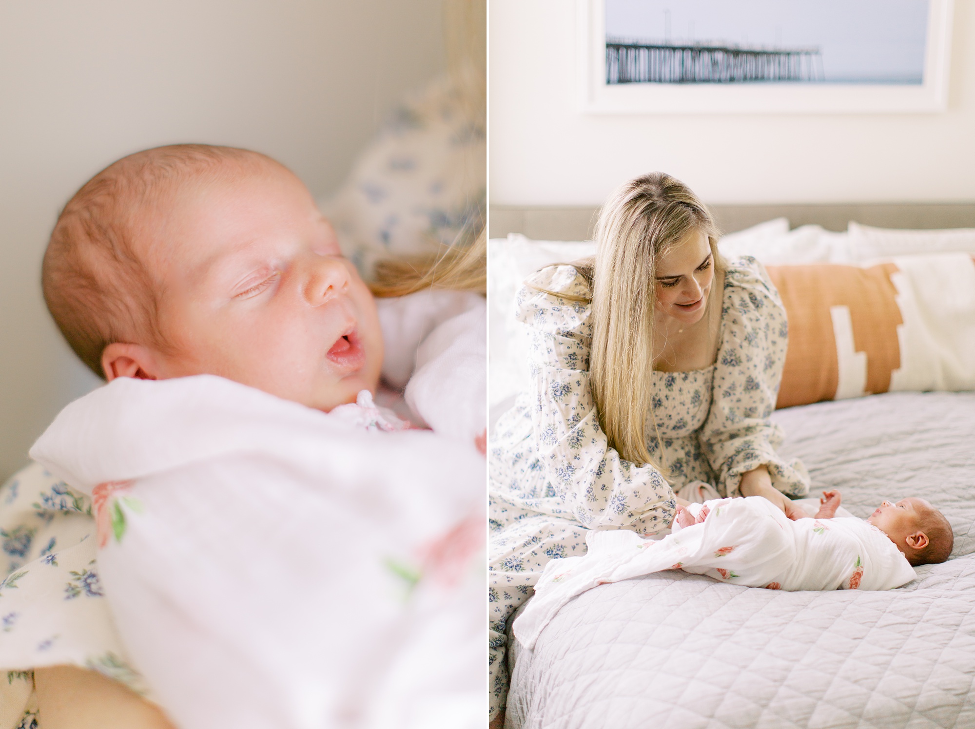 mom lays baby on bed during In Home Lifestyle Newborn Session